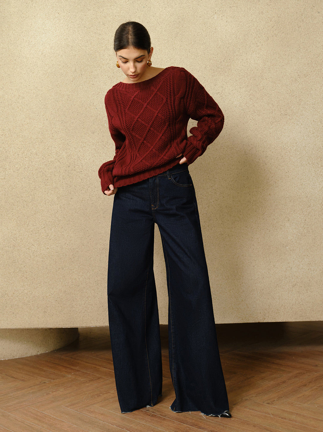 Haut décontracté à col rond en maille torsadée