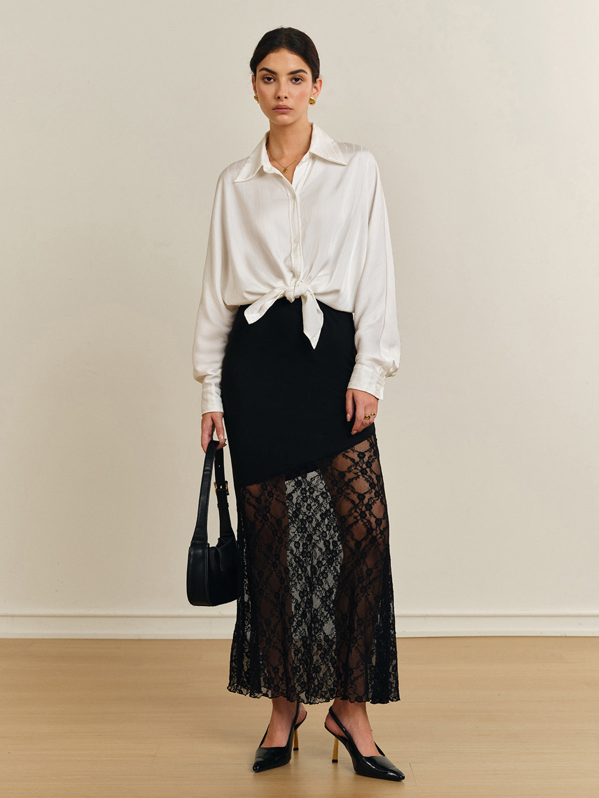 Semi-Sheer Lace Panel Jersey Skirt