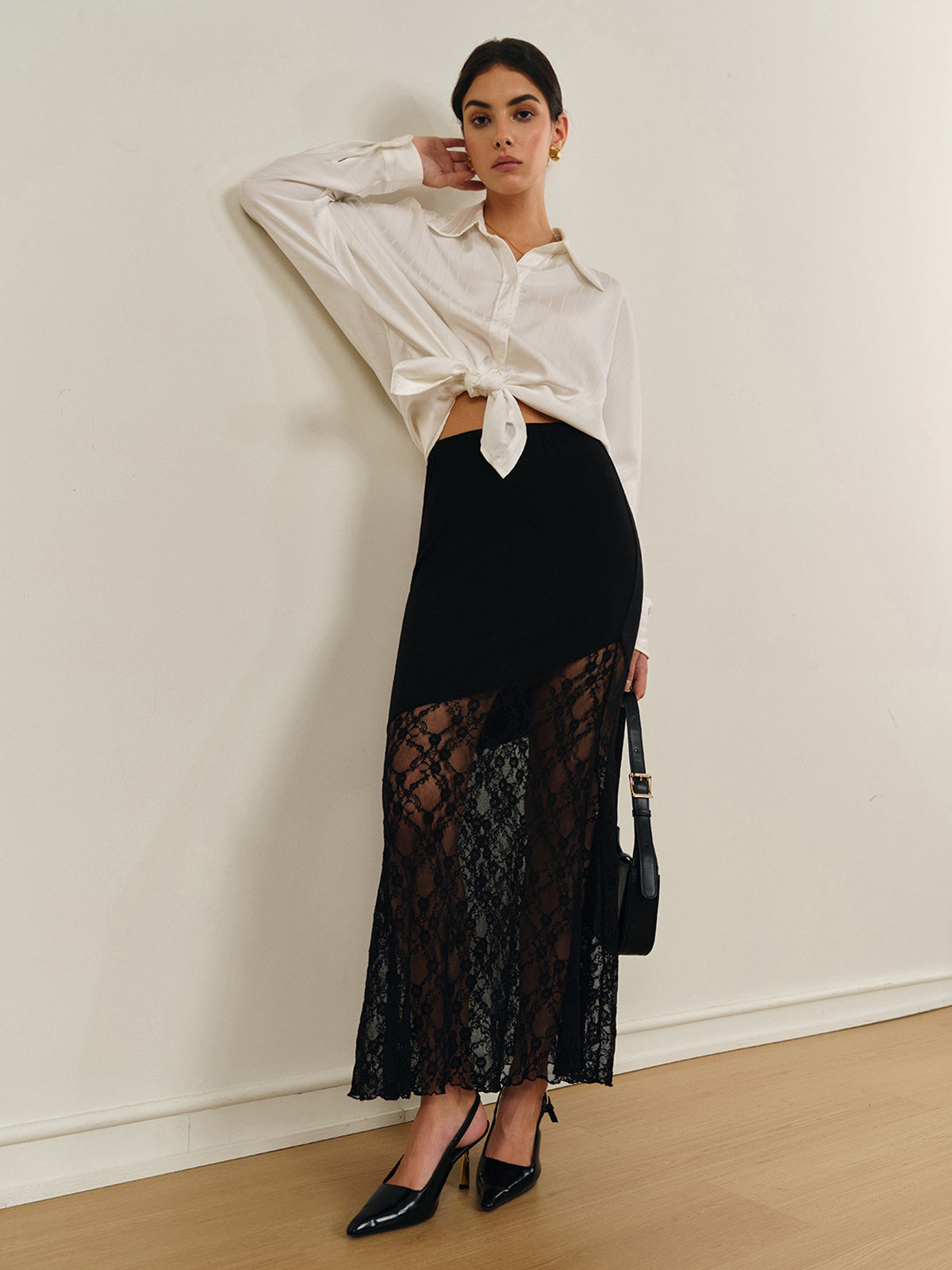 Semi-Sheer Lace Panel Jersey Skirt