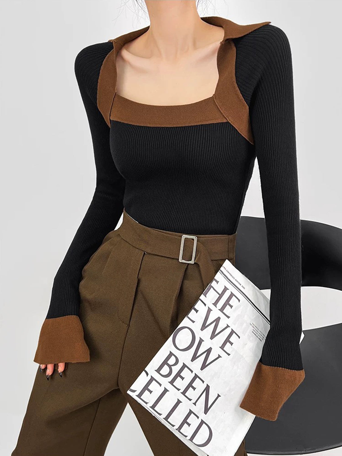 Pull skinny côtelé à blocs de couleur