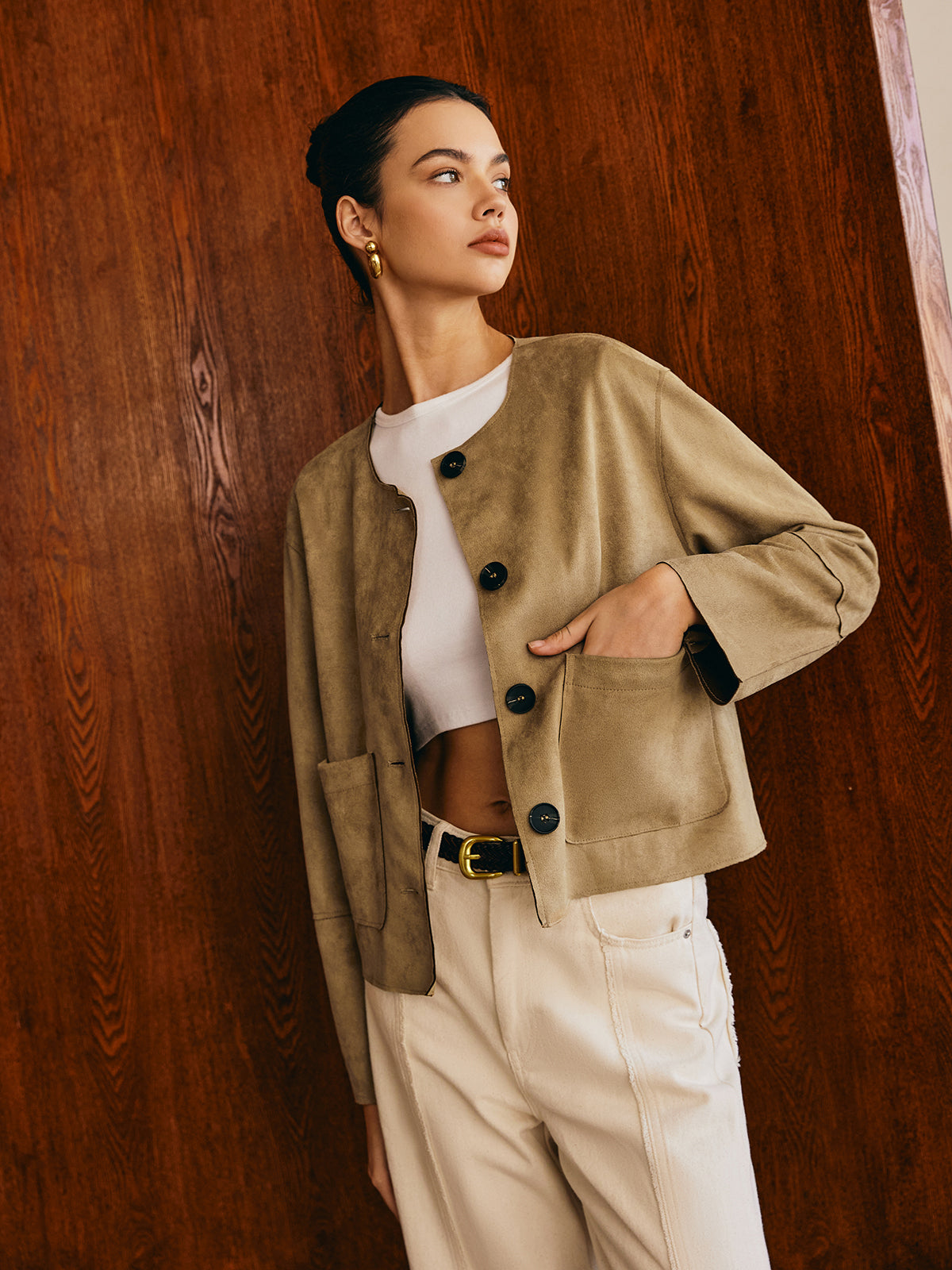 Large Pockets Breasted Suede Effect Jacket