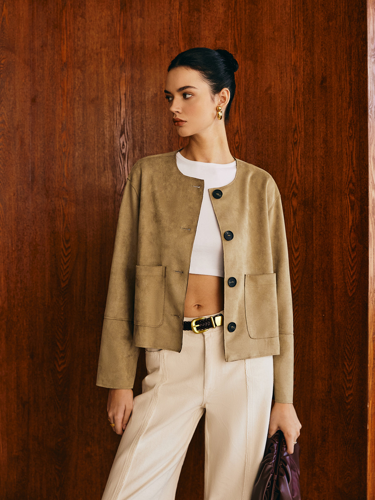 Large Pockets Breasted Suede Effect Jacket