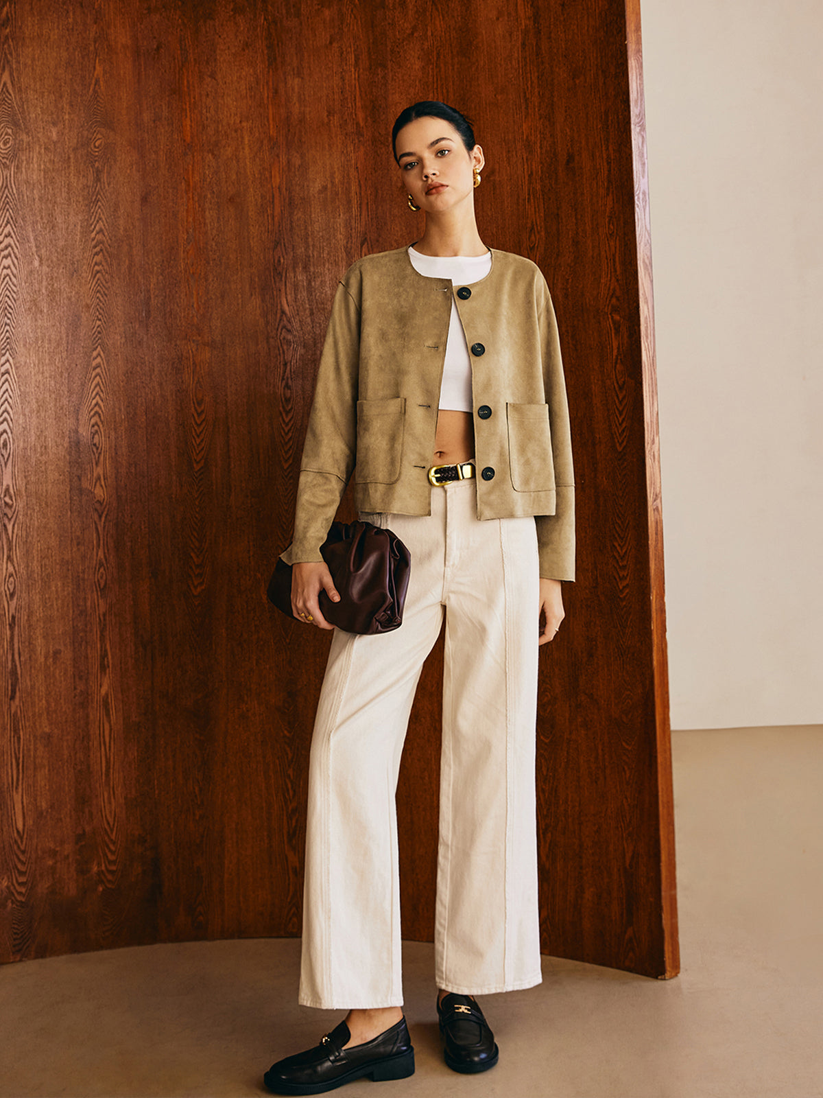 Large Pockets Breasted Suede Effect Jacket