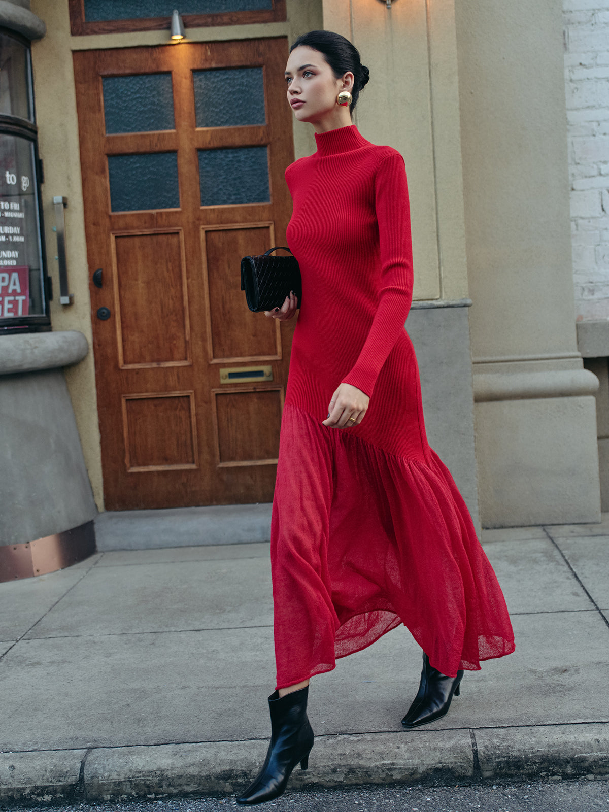 Mock Neck Pleated Panel Sweater Dress