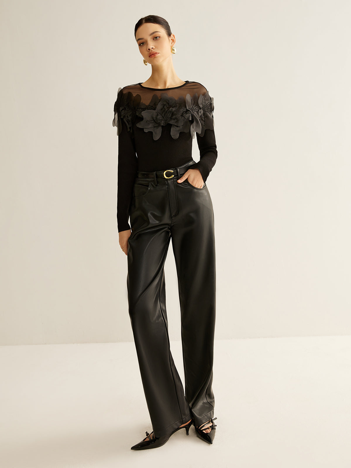 Semi-Sheer Floral Decor Slim Blouse