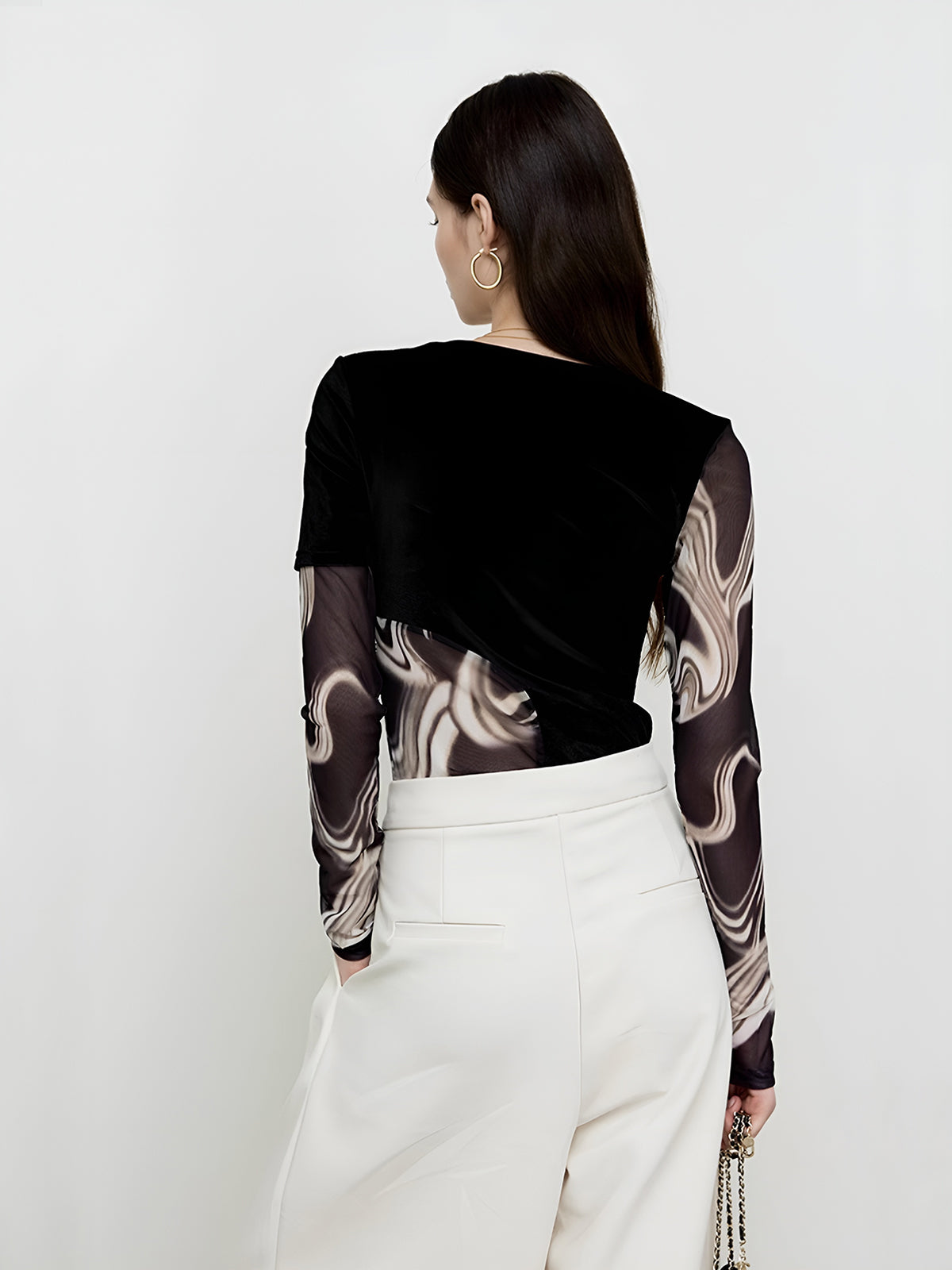 Semi-Sheer Geometric Printed Mesh Jersey Top