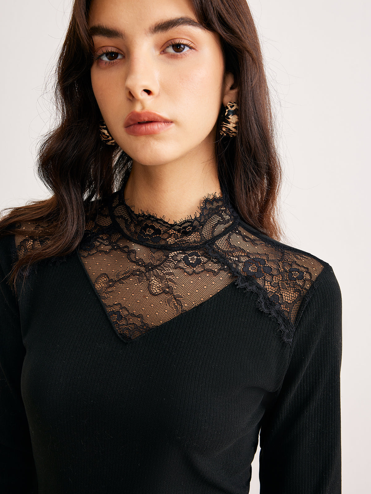 Sheer Lace Detail Slim Knit Top