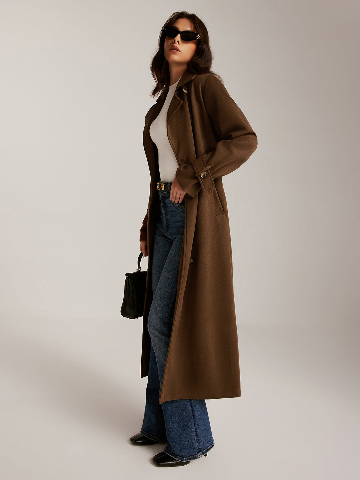 Suede Effect Belted Button Long Trench Coat