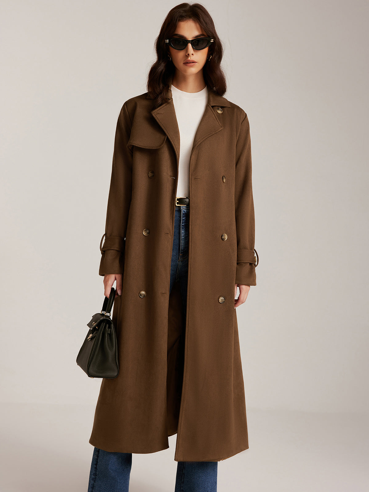 Suede Effect Belted Button Long Trench Coat