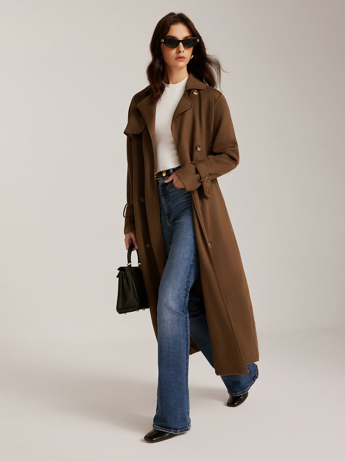 Suede Effect Belted Button Long Trench Coat