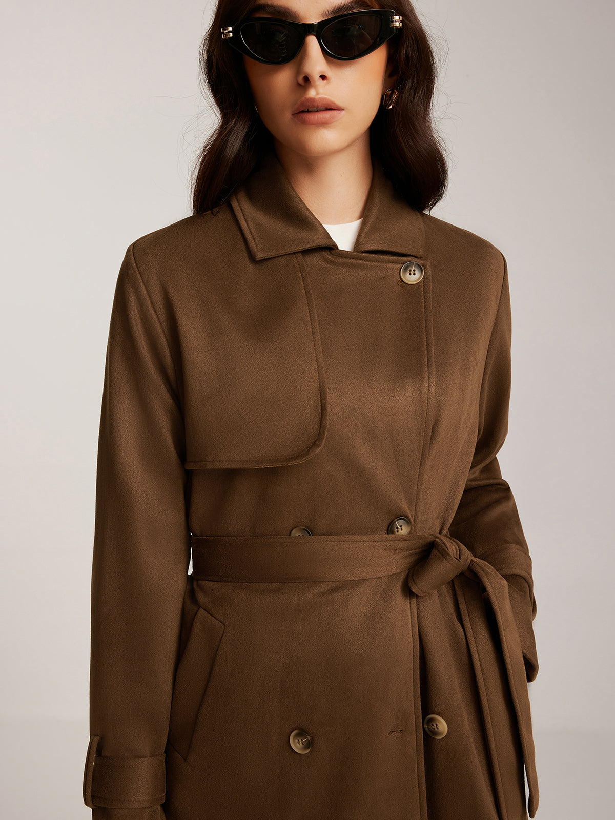 Suede Effect Belted Button Long Trench Coat