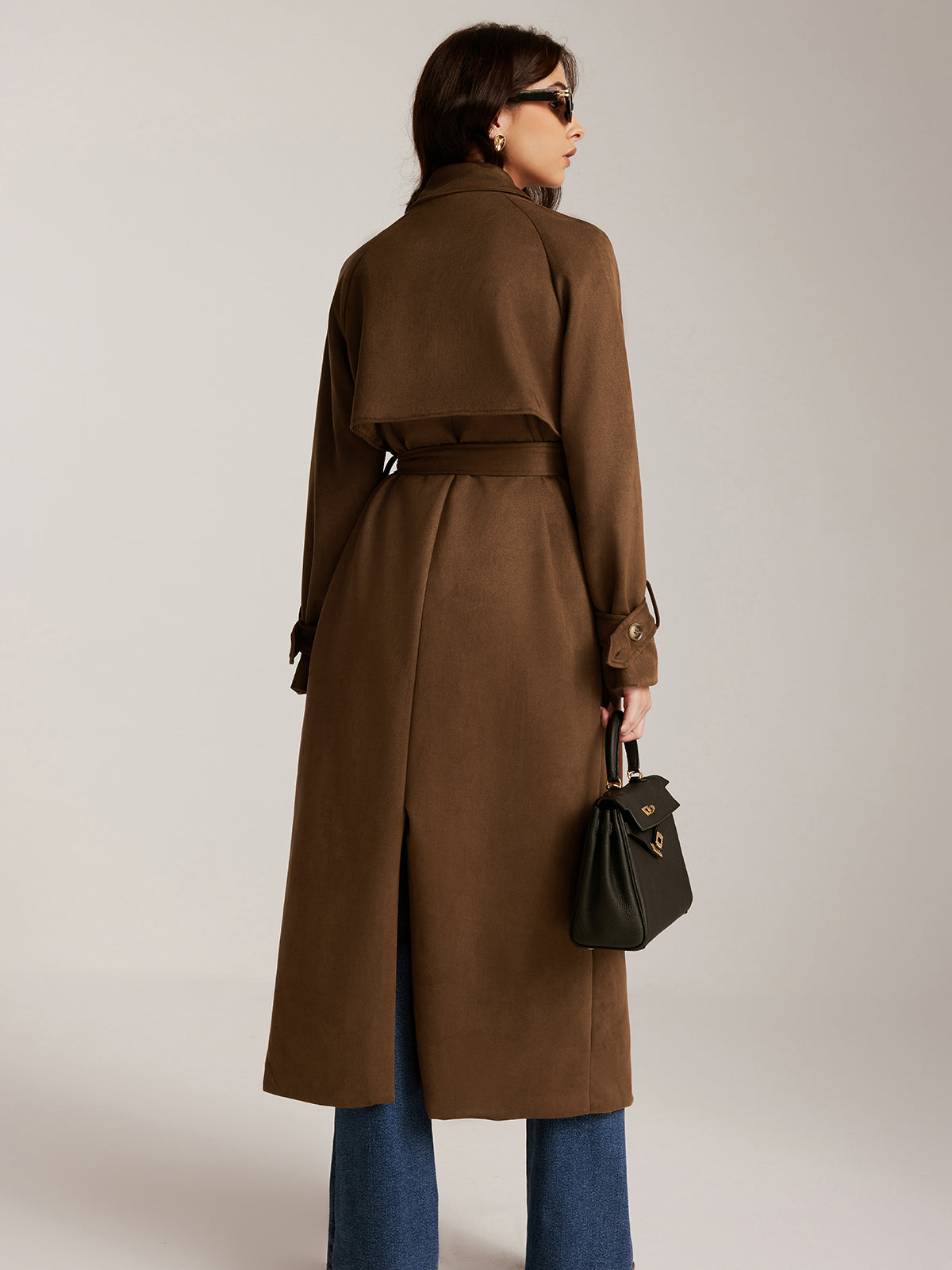 Suede Effect Belted Button Long Trench Coat