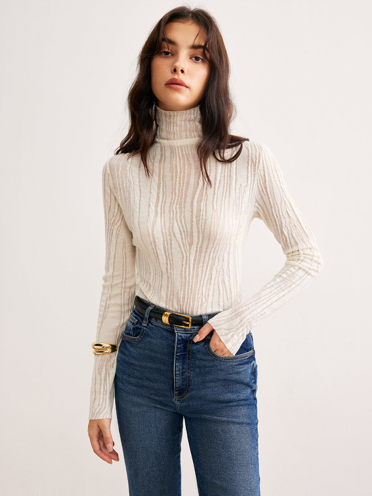Semi-Sheer Turtleneck Slim T-Shirt