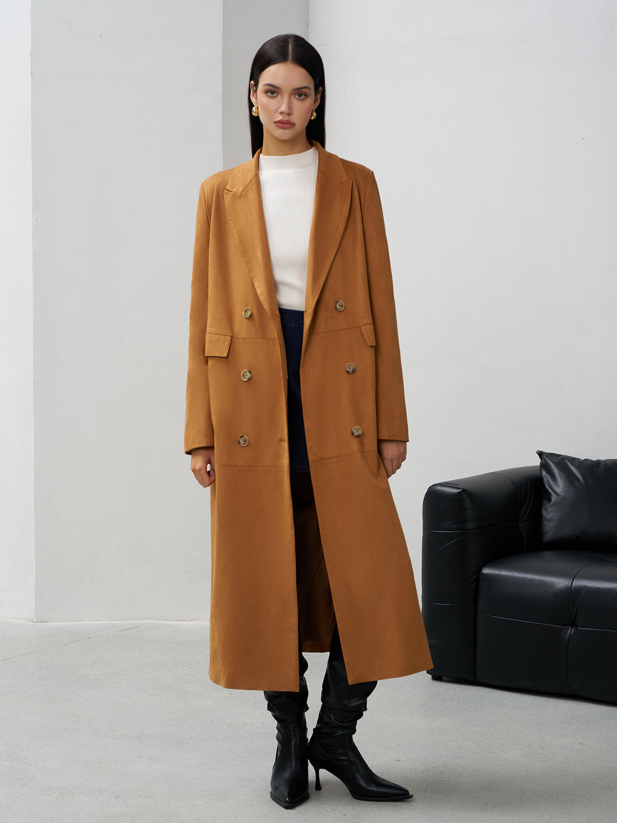 Suede Effect Button Long Blazer