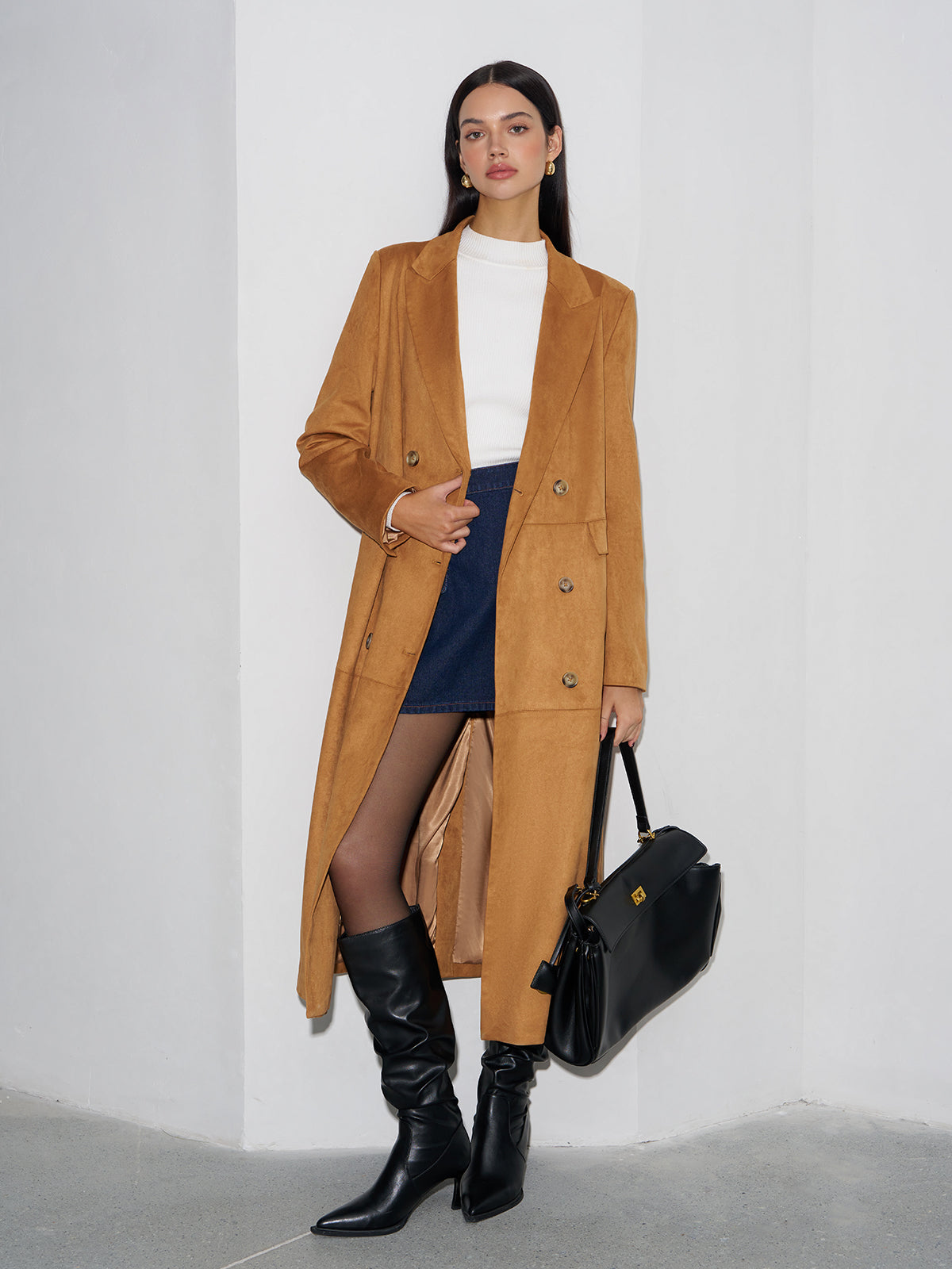 Suede Effect Button Long Blazer