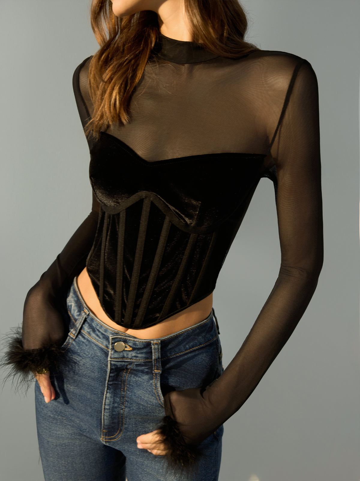 Sheer Mesh Panel Velvet Crop T-Shirt