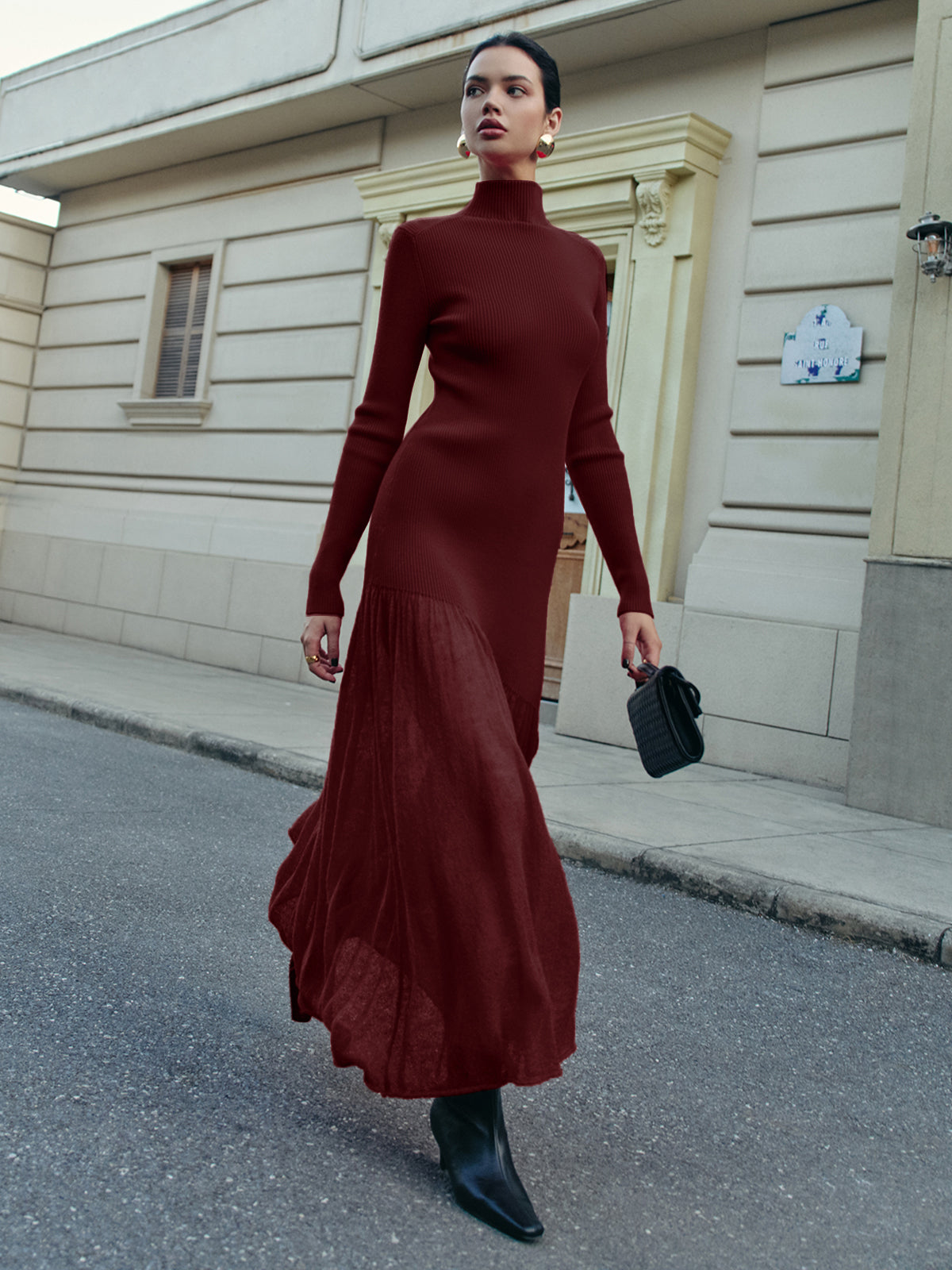 Mock Neck Pleated Panel Sweater Dress