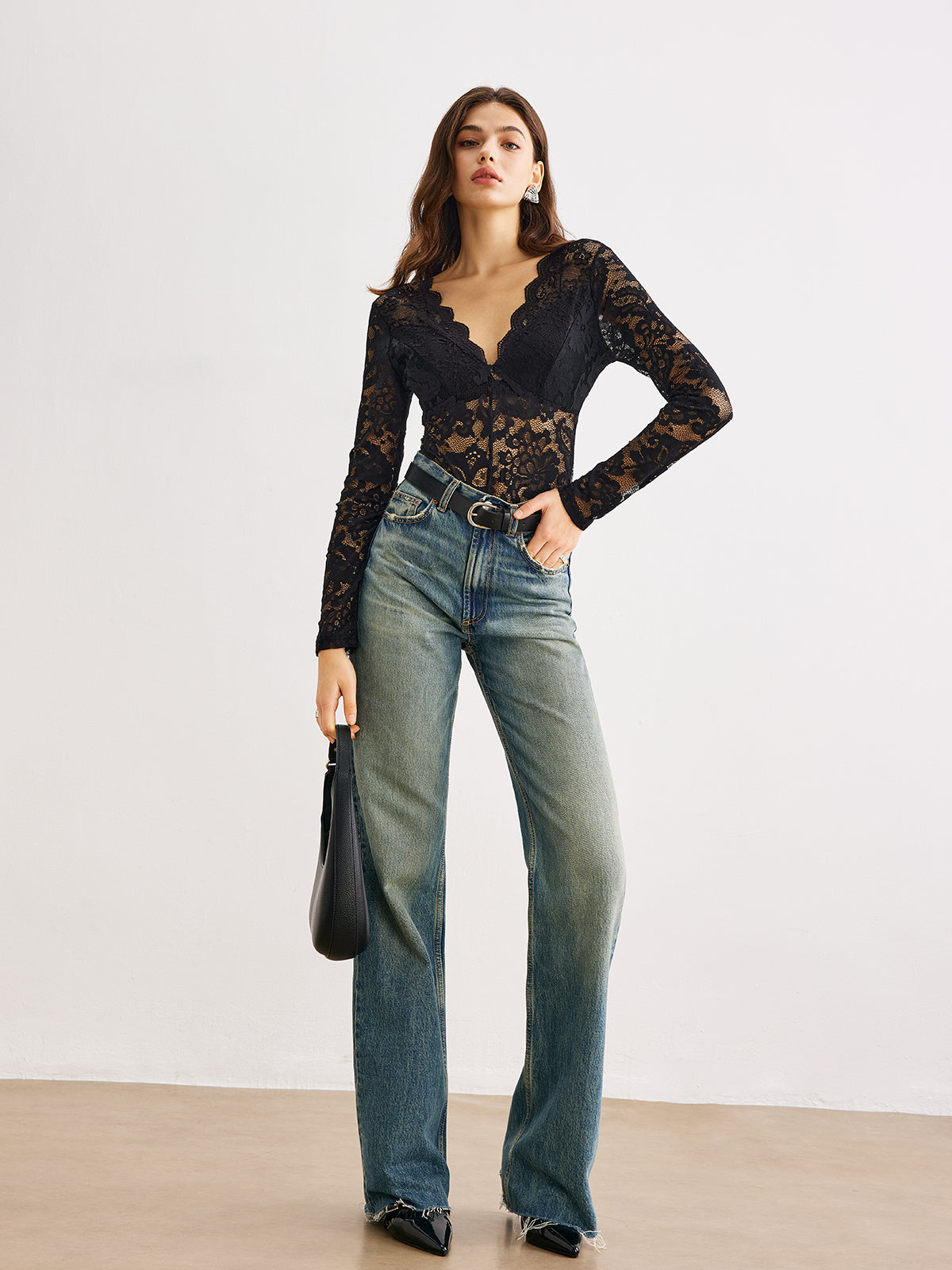 Wave Trim Sheer Lace Panel Bodysuit