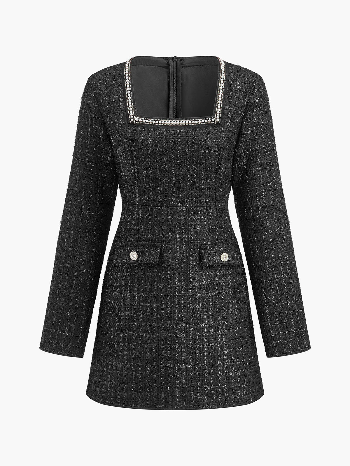 Kurzes, perlenbesetztes Kleid mit quadratischem Ausschnitt