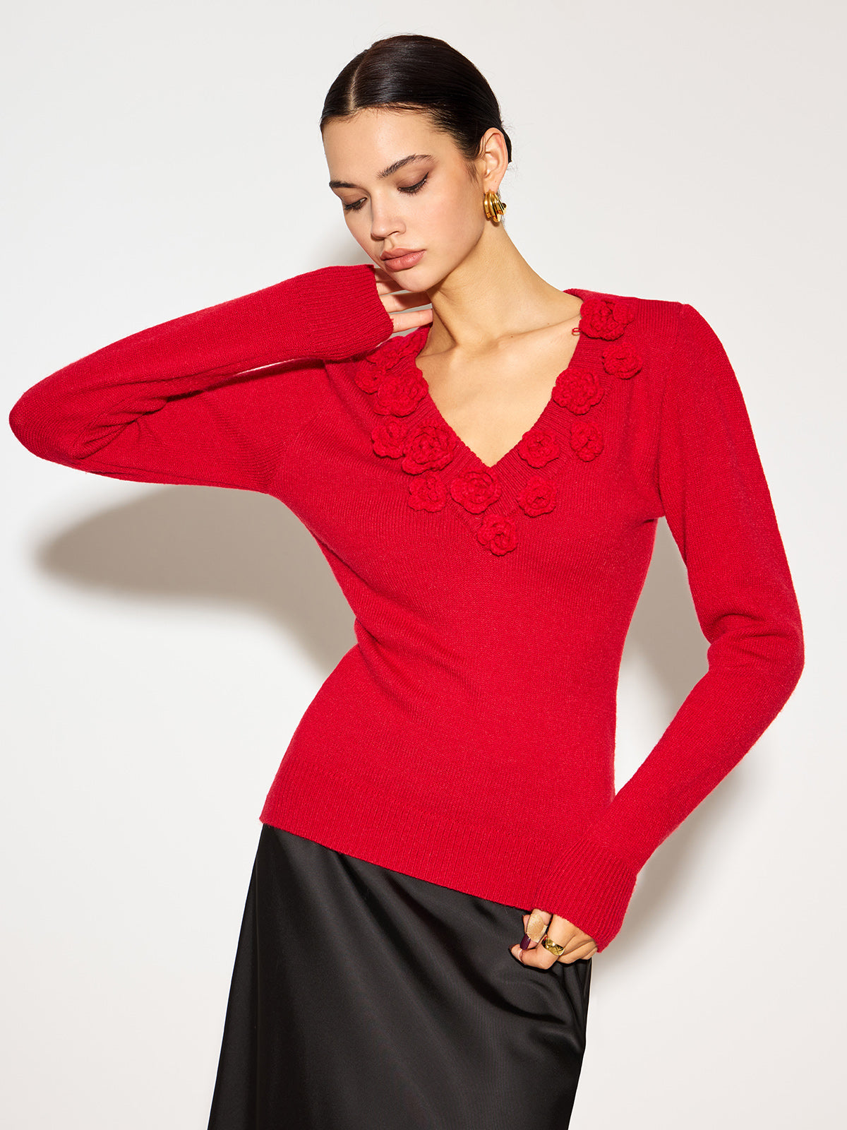 V-Ausschnitt 3D-Blumen-Stricktop