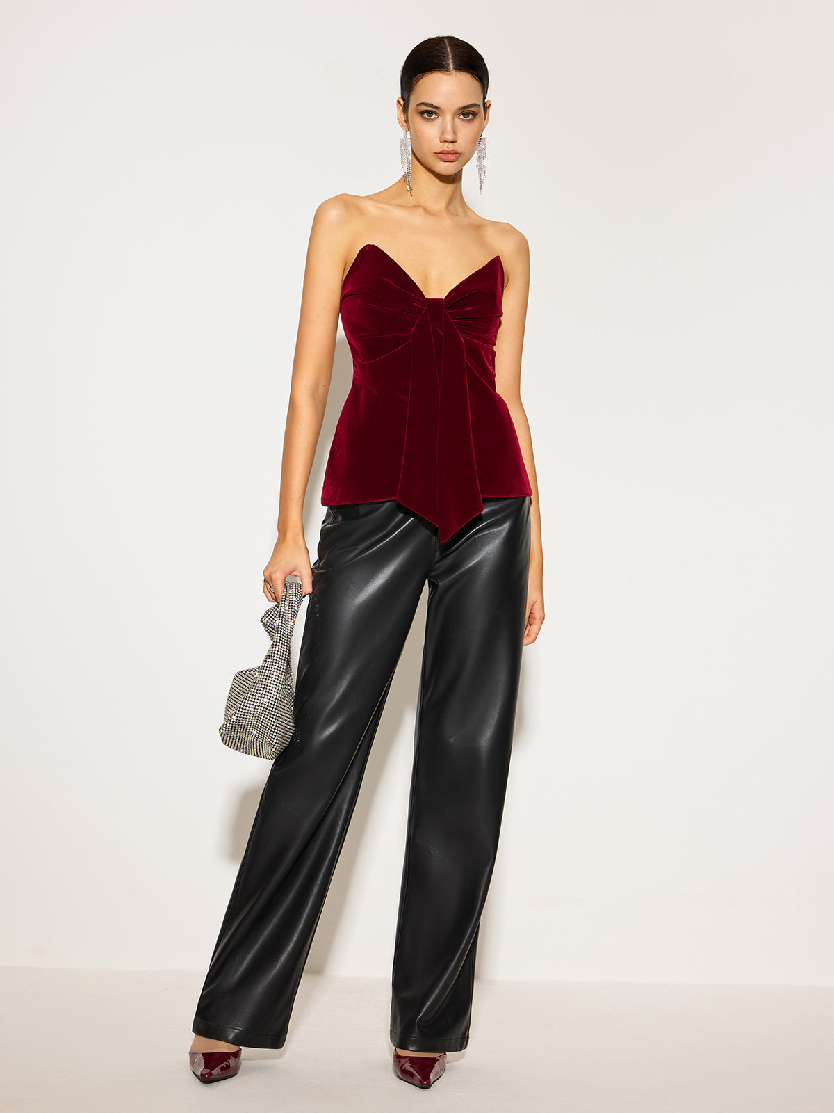 Bow Front Velvet Zipper Tube Top