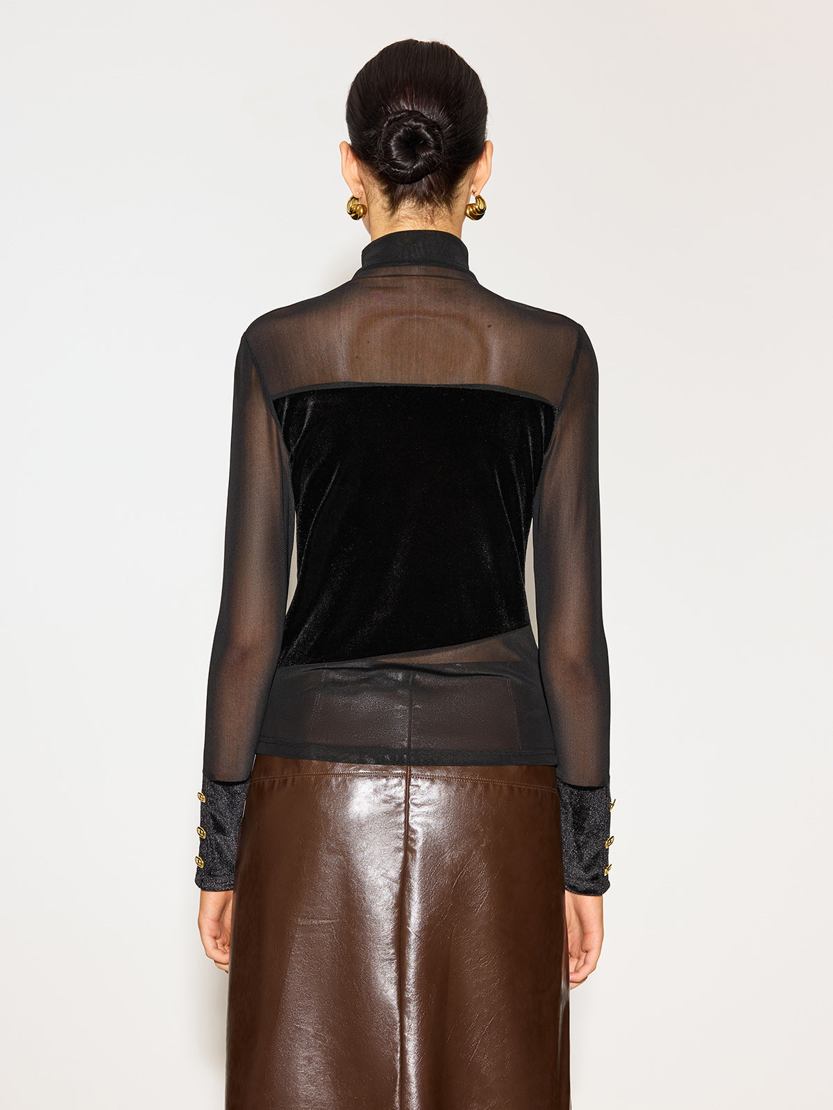 Semi-Sheer Stand Collar Cutout Mesh-Detail Velvet Top