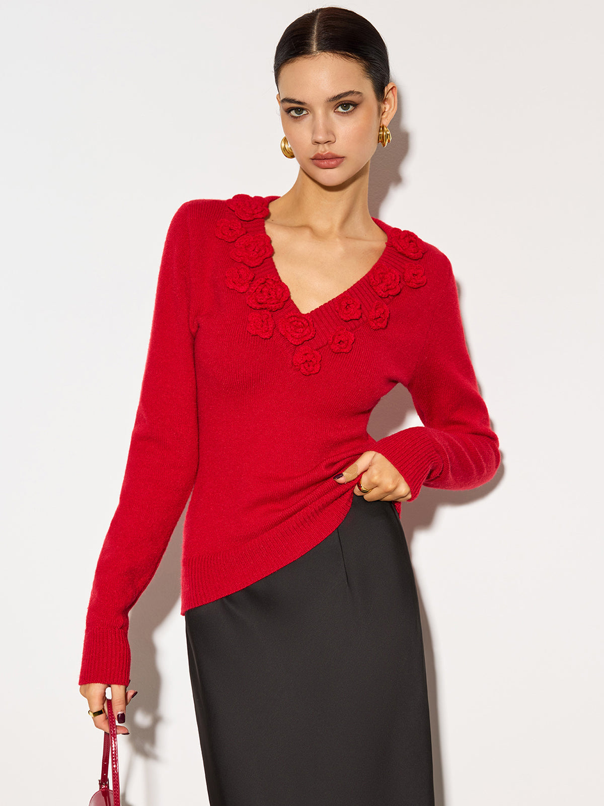 V-Ausschnitt 3D-Blumen-Stricktop