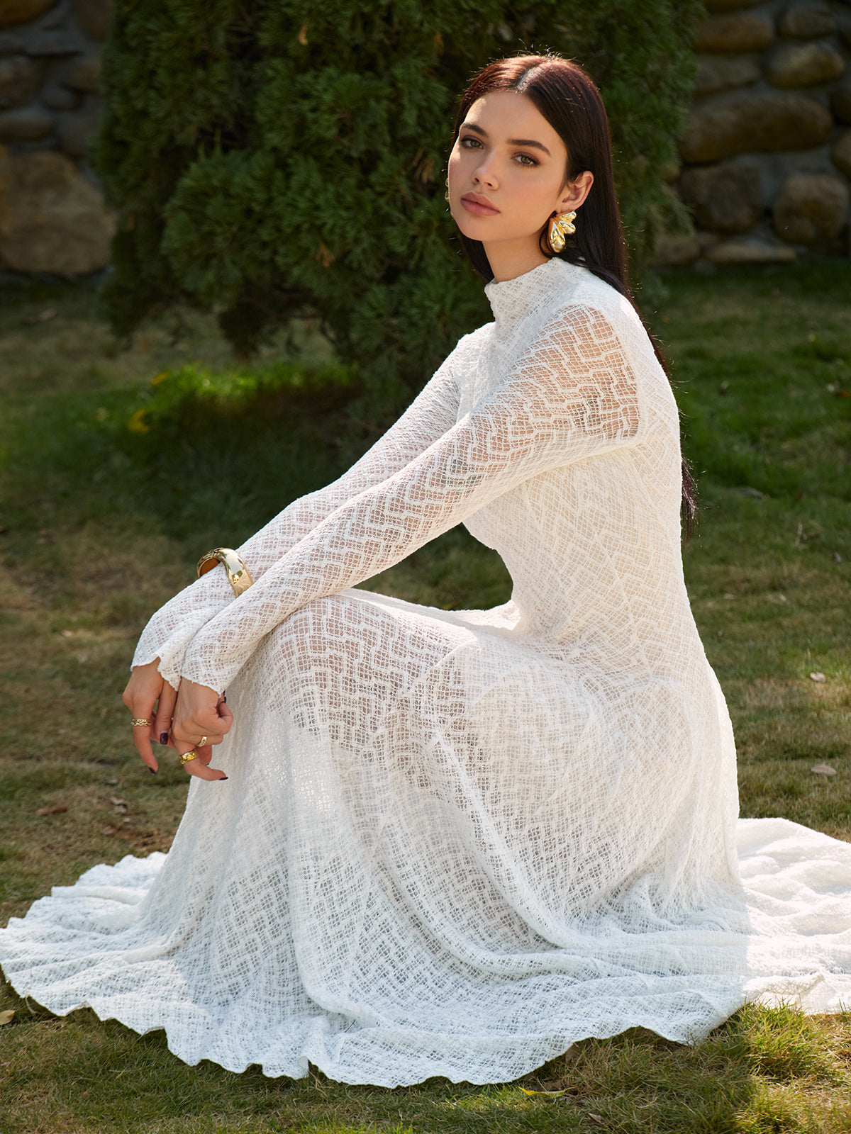 Semi-Sheer Mock Neck Lace Flowy Long Dress