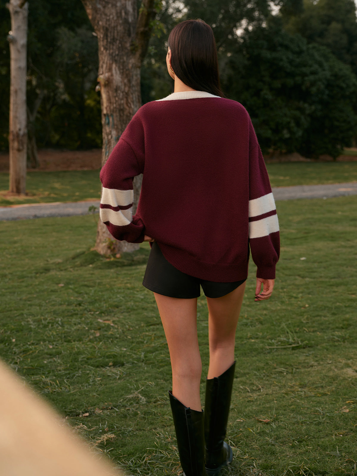 V-Neck Contrast Binding Sweater