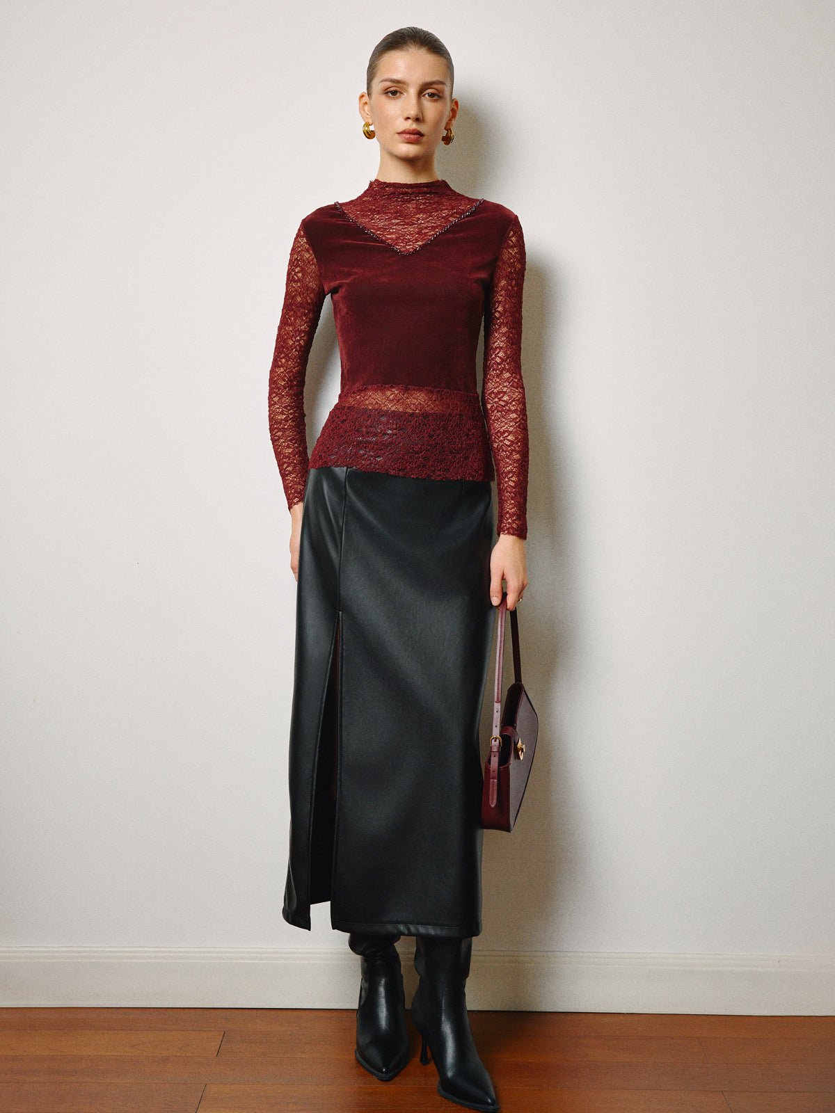 Semi-Sheer Rhinestone Velvet Panel Lace Slim Top
