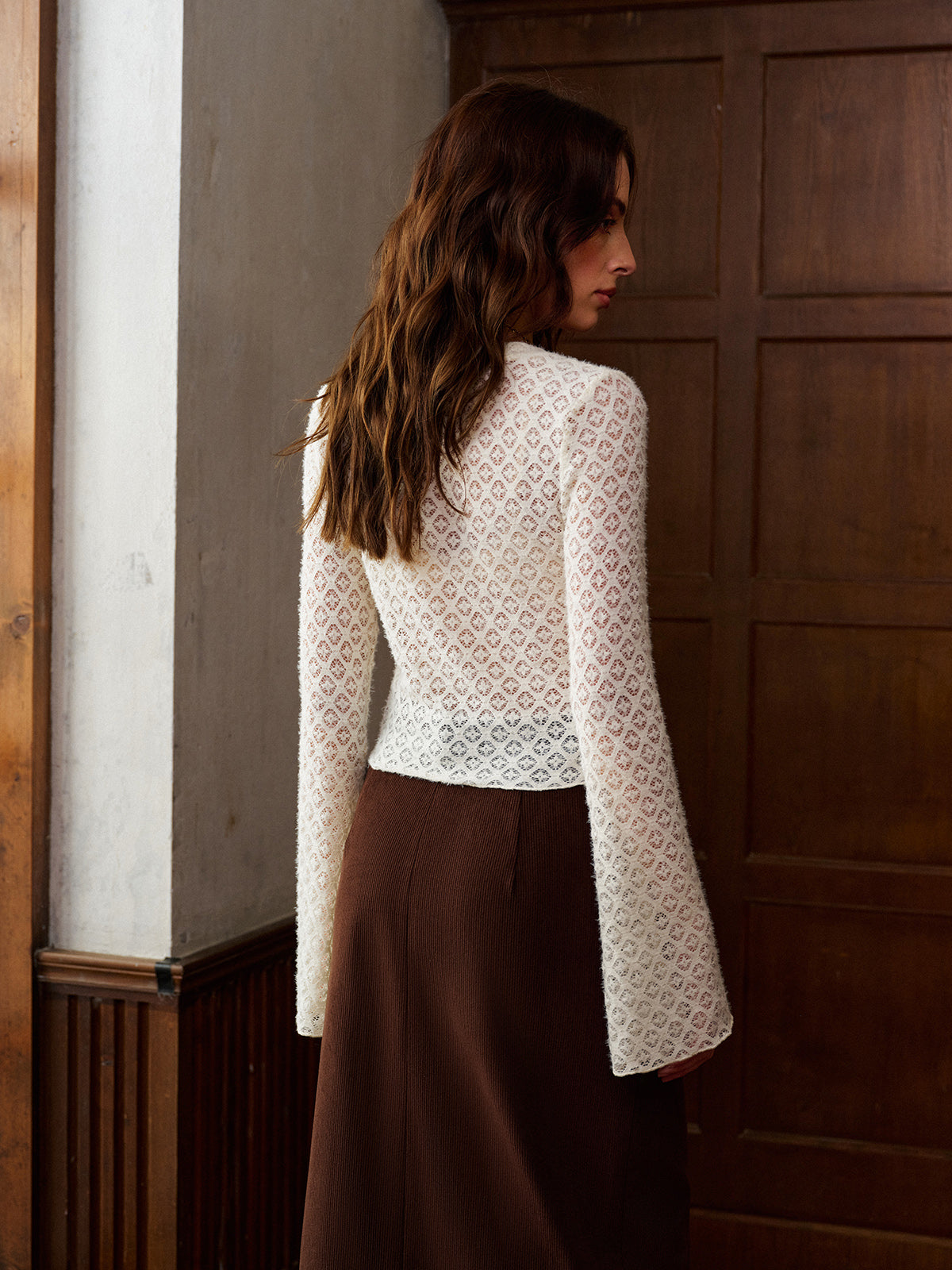 Semi-Sheer Bell Sleeve Button Down Slim Blouse