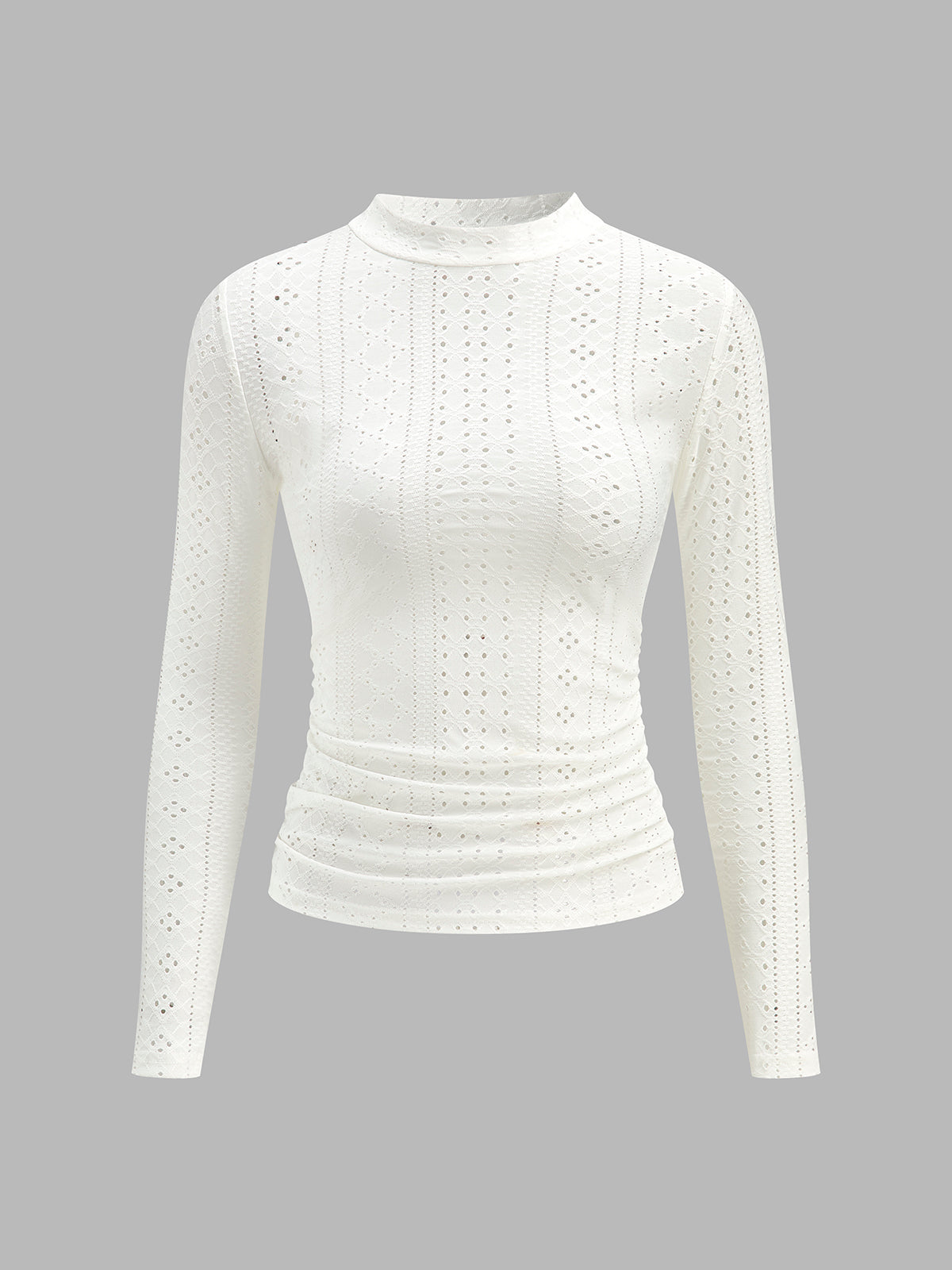 Halbtransparentes, eng anliegendes Top mit Stehkragen und Seitenfalten