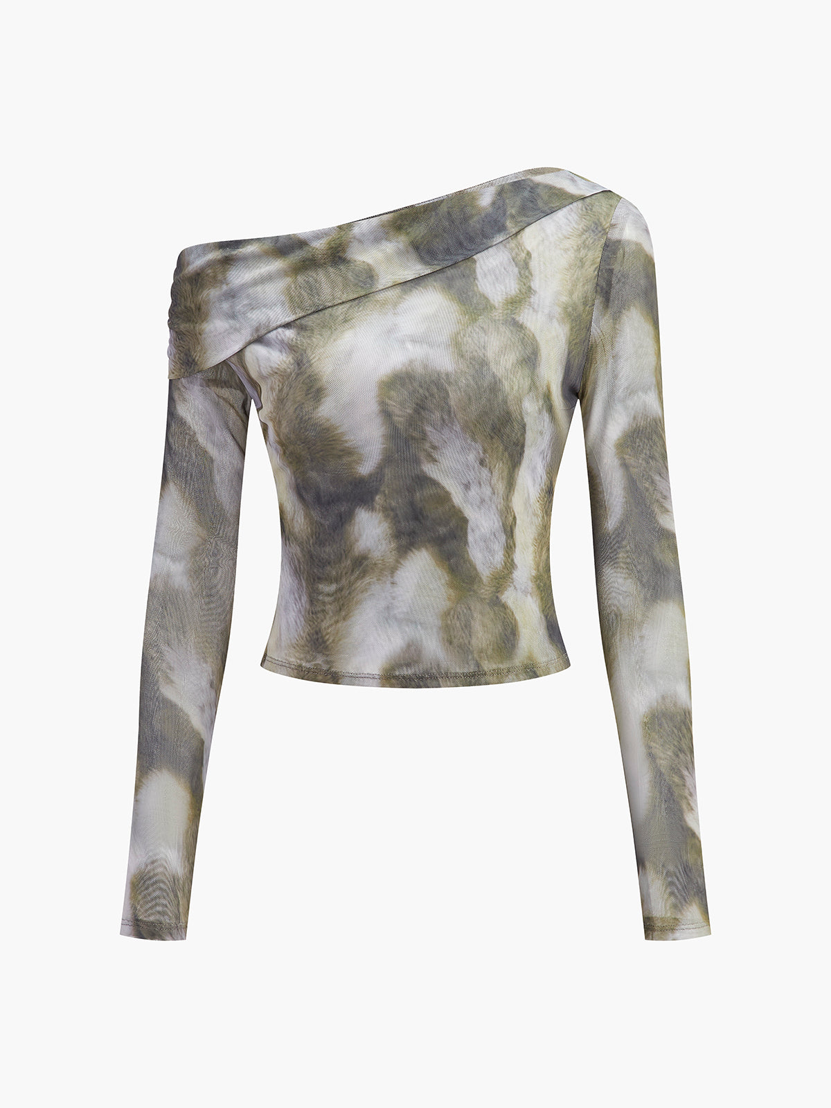 Semi-Sheer Asymmetrical Printed Crop Mesh T-Shirt