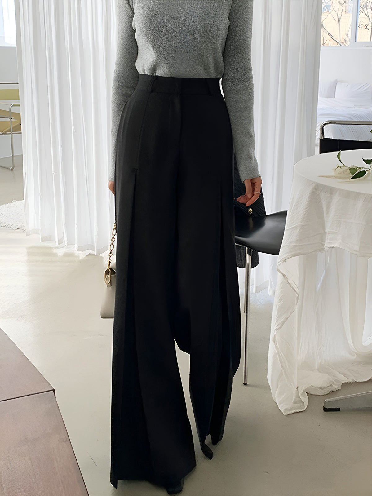 High-Waist Plissée Hose mit weitem Bein
