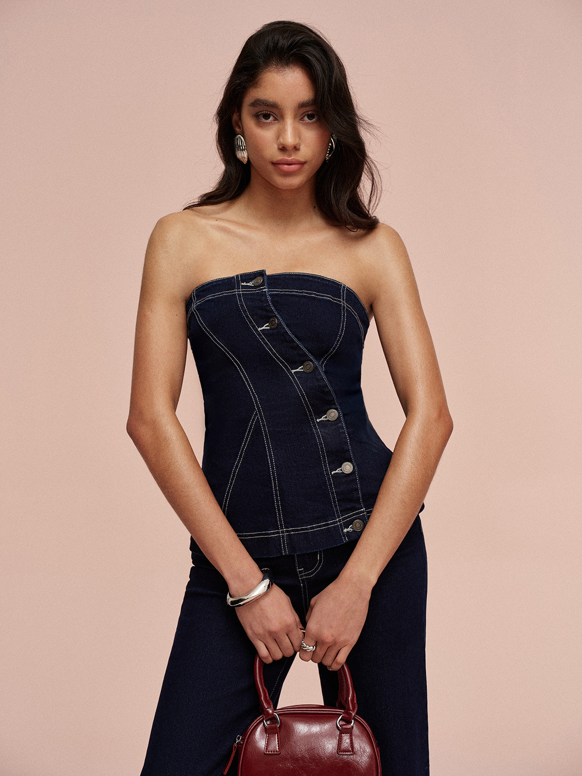 Trägerloses Jeans-Oberteil mit Knopfleiste
