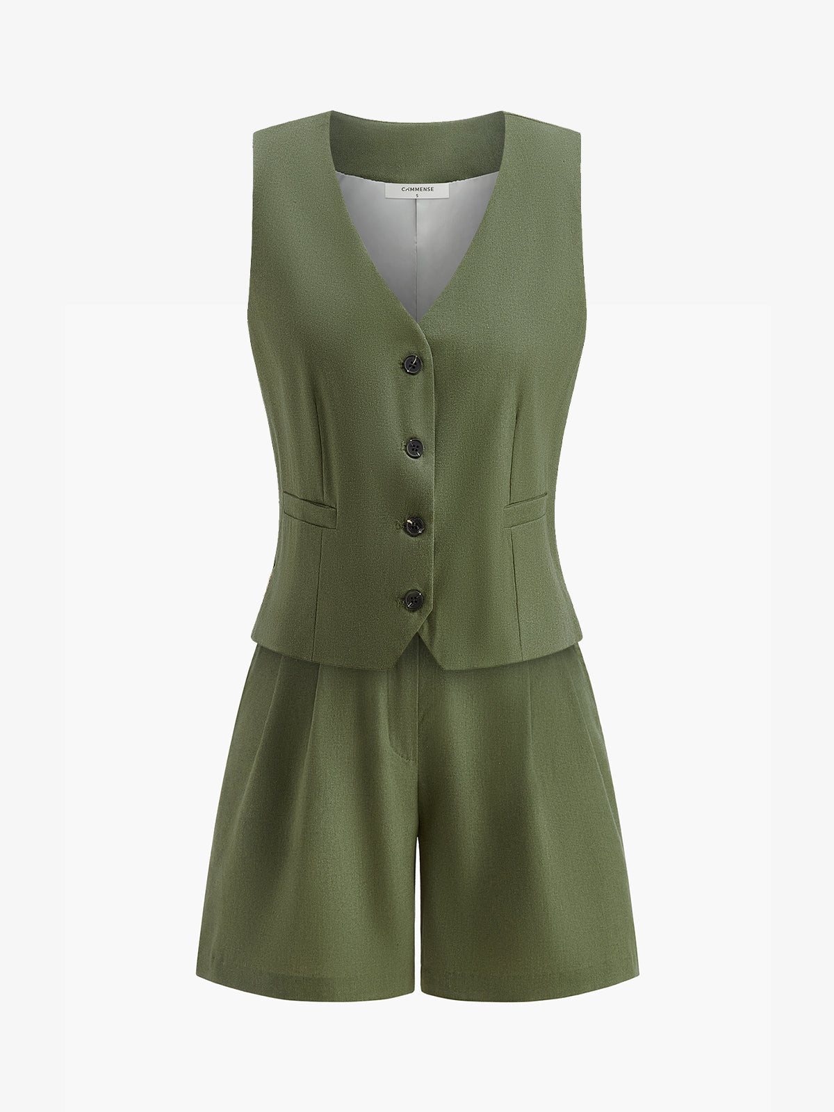 V-Neck Buttoned Shorts Set With Belt