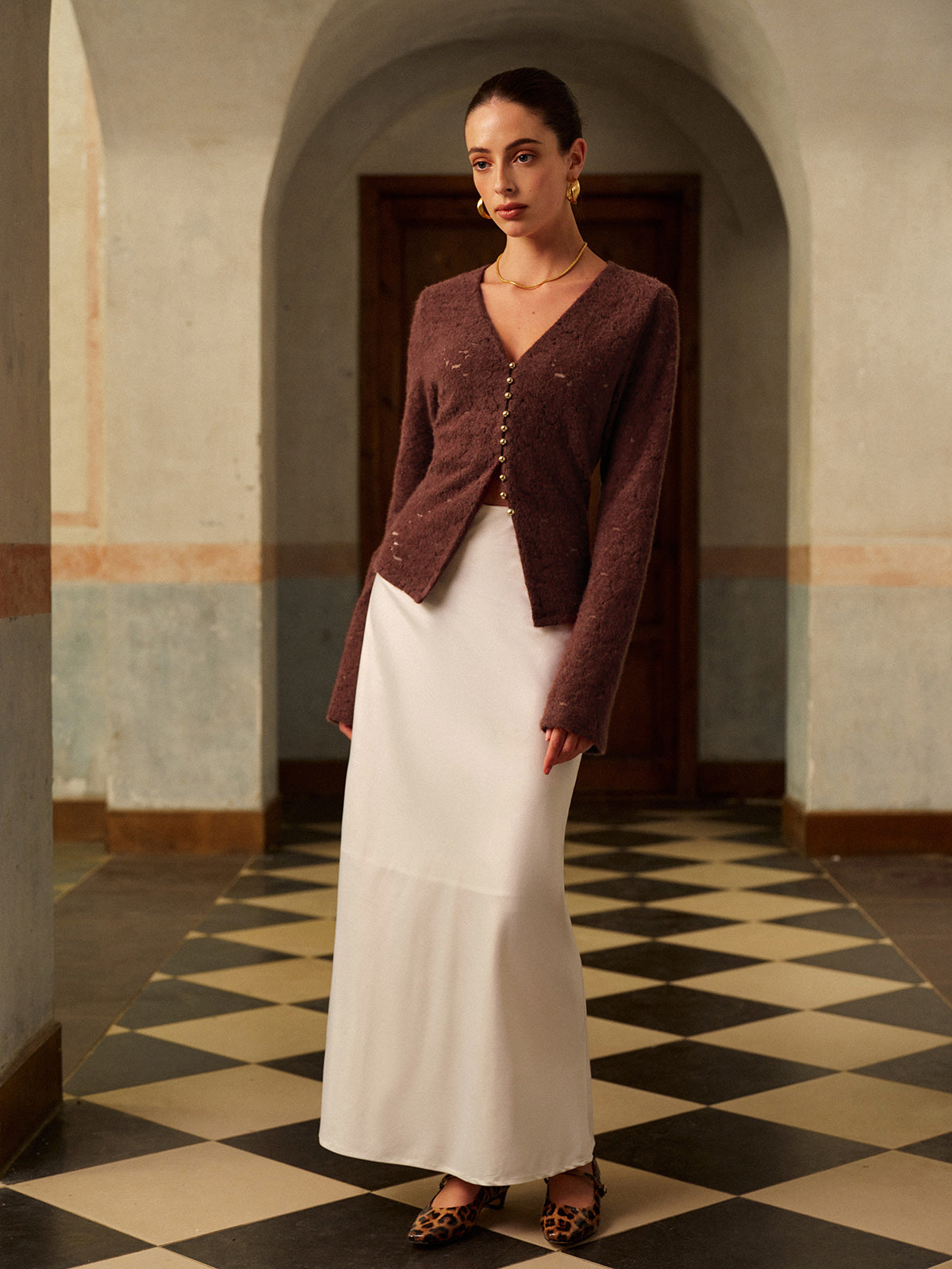 Semi-Sheer V-Neck Split Lace Blouse