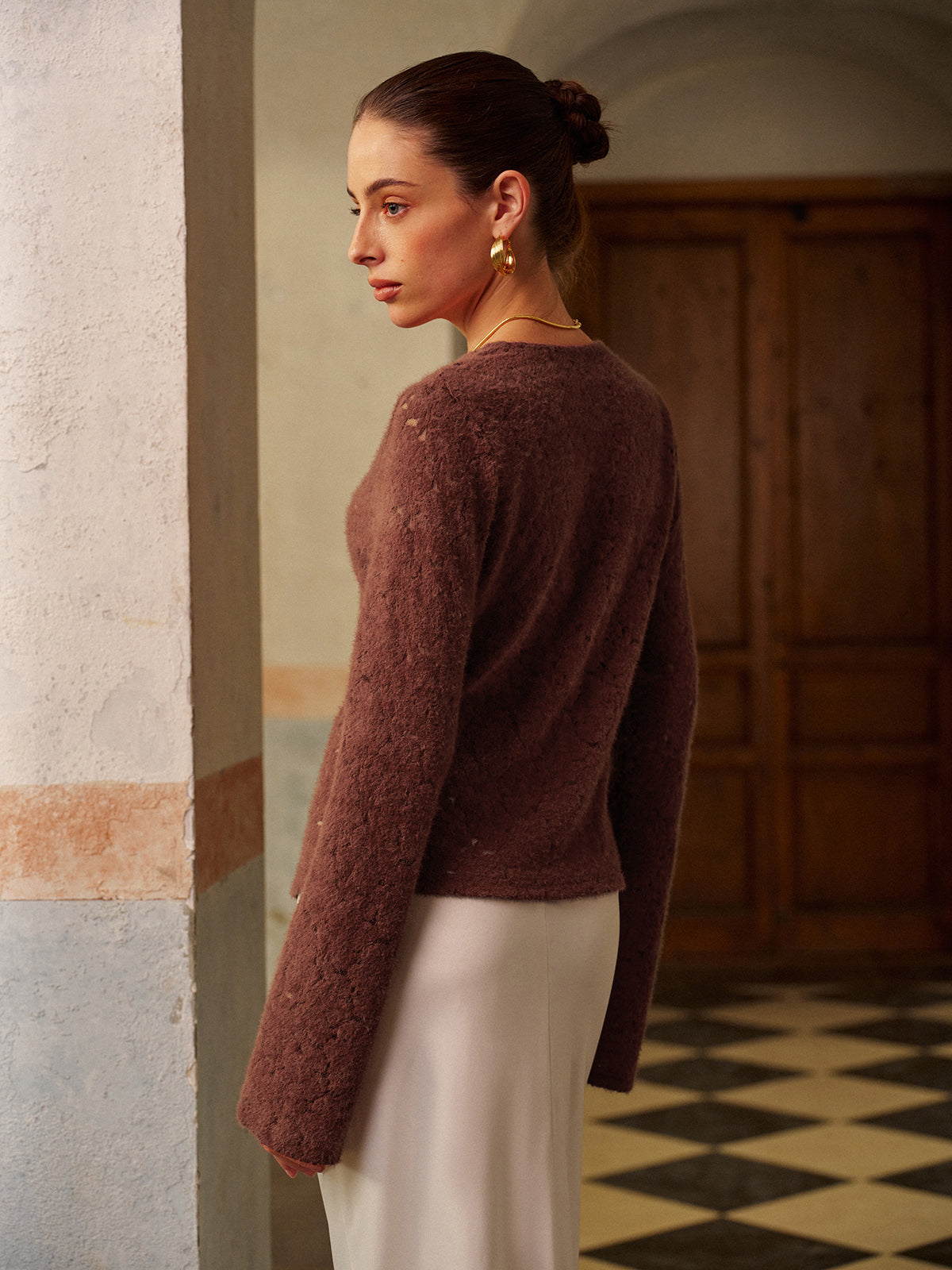 Semi-Sheer V-Neck Split Lace Blouse