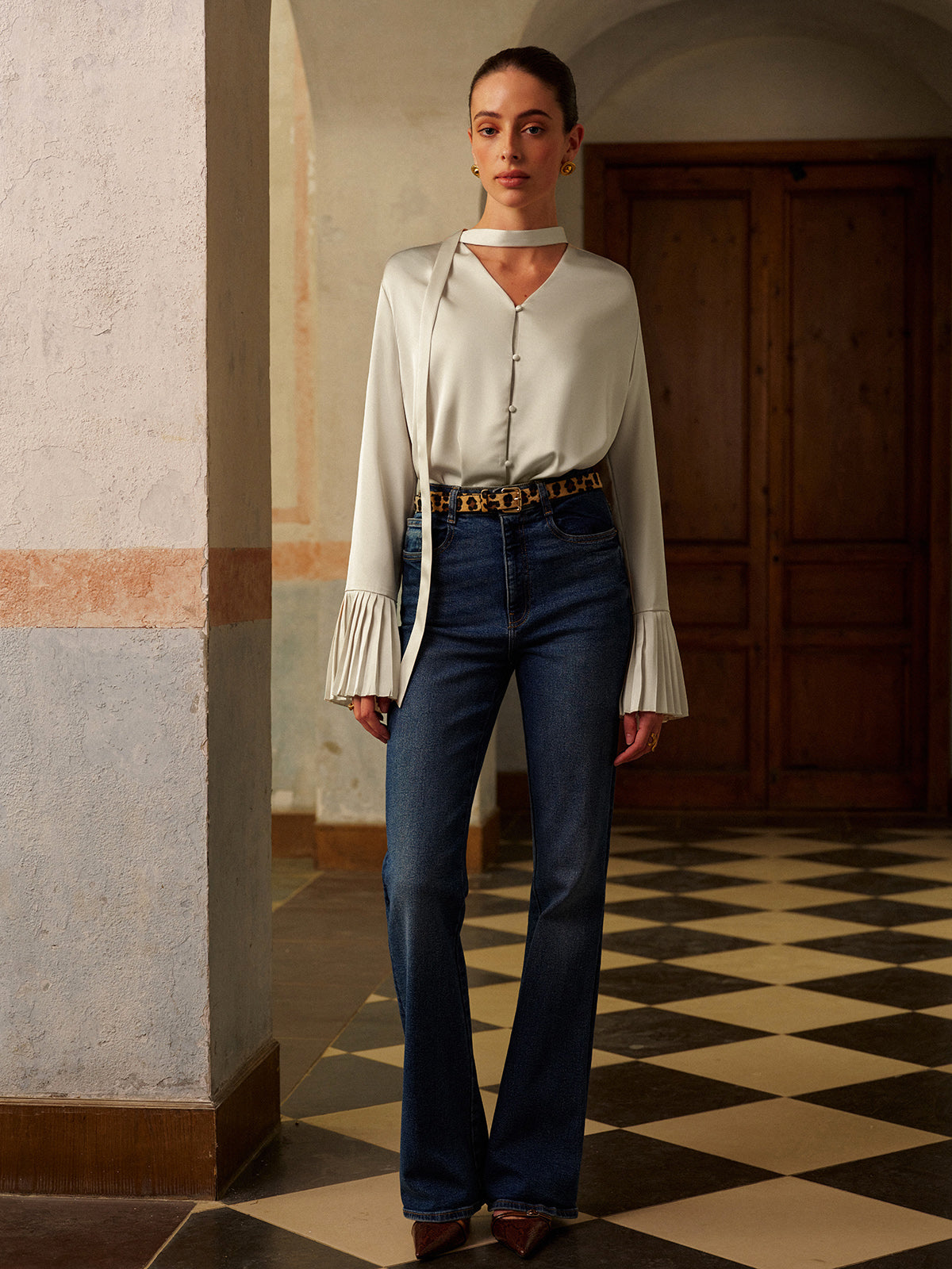 V-Neck Satin Pleated Blouse With Ribbon