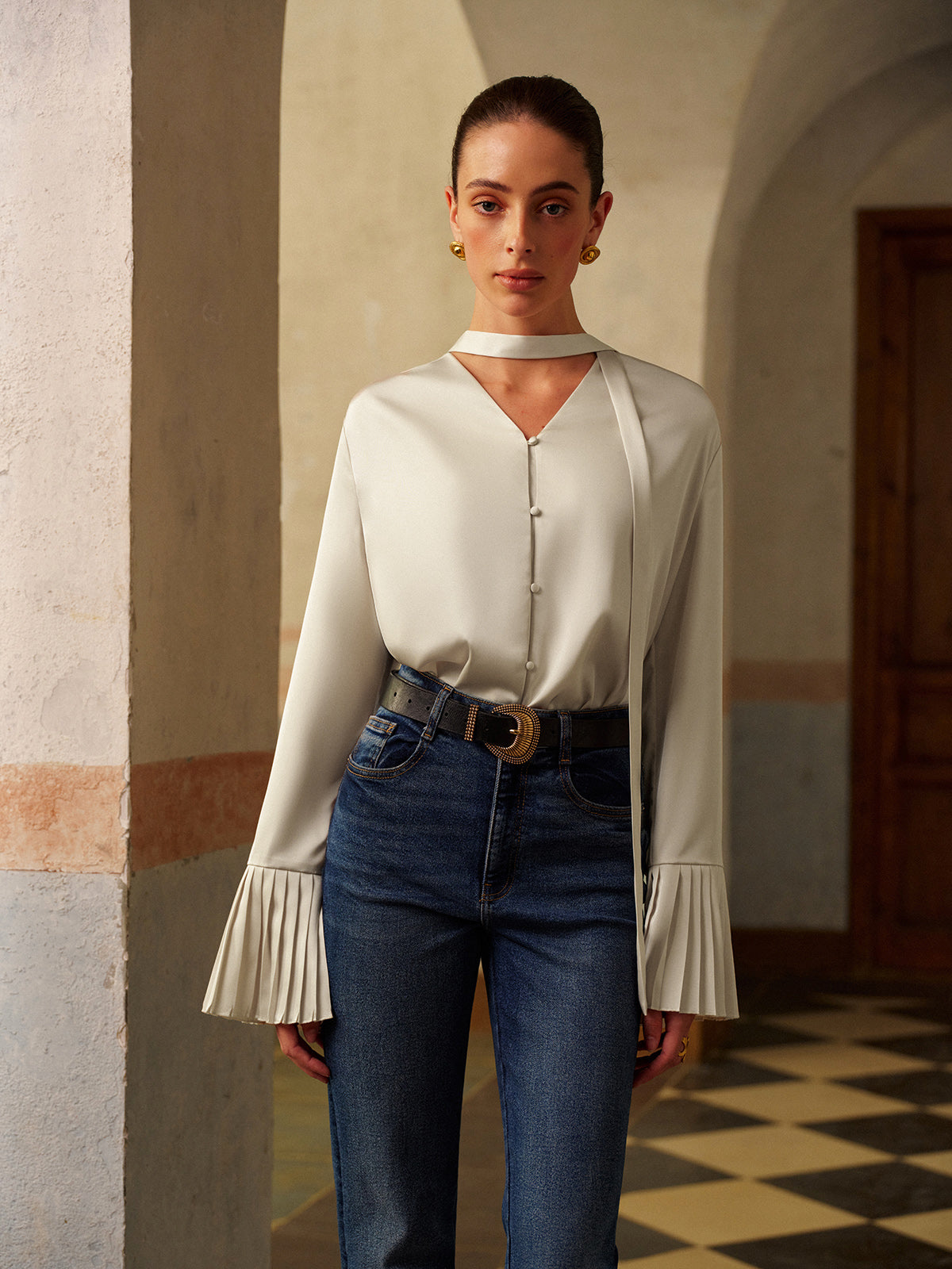 V-Neck Satin Pleated Blouse With Ribbon