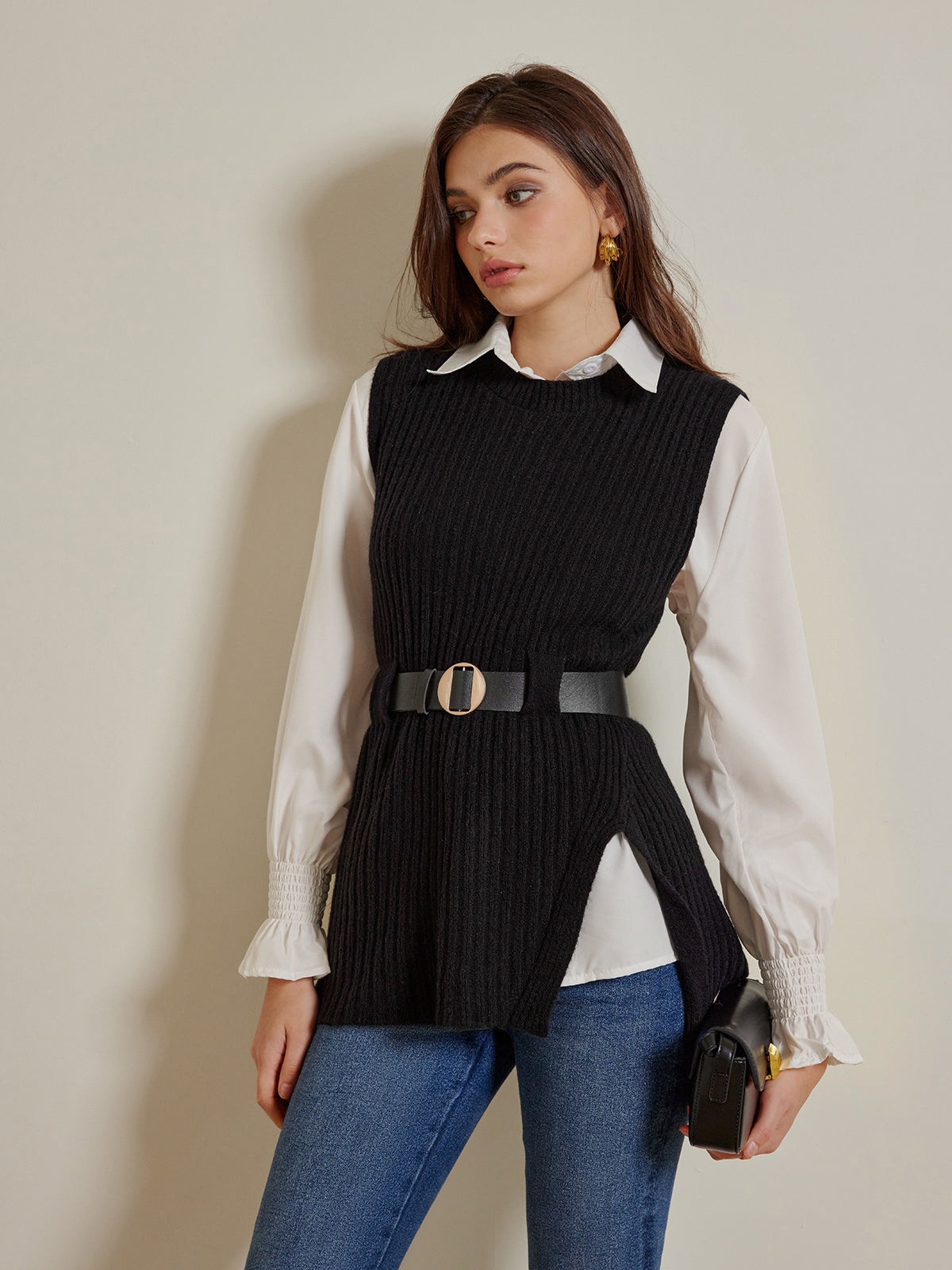 Ensemble deux pièces pull ceinturé et polo