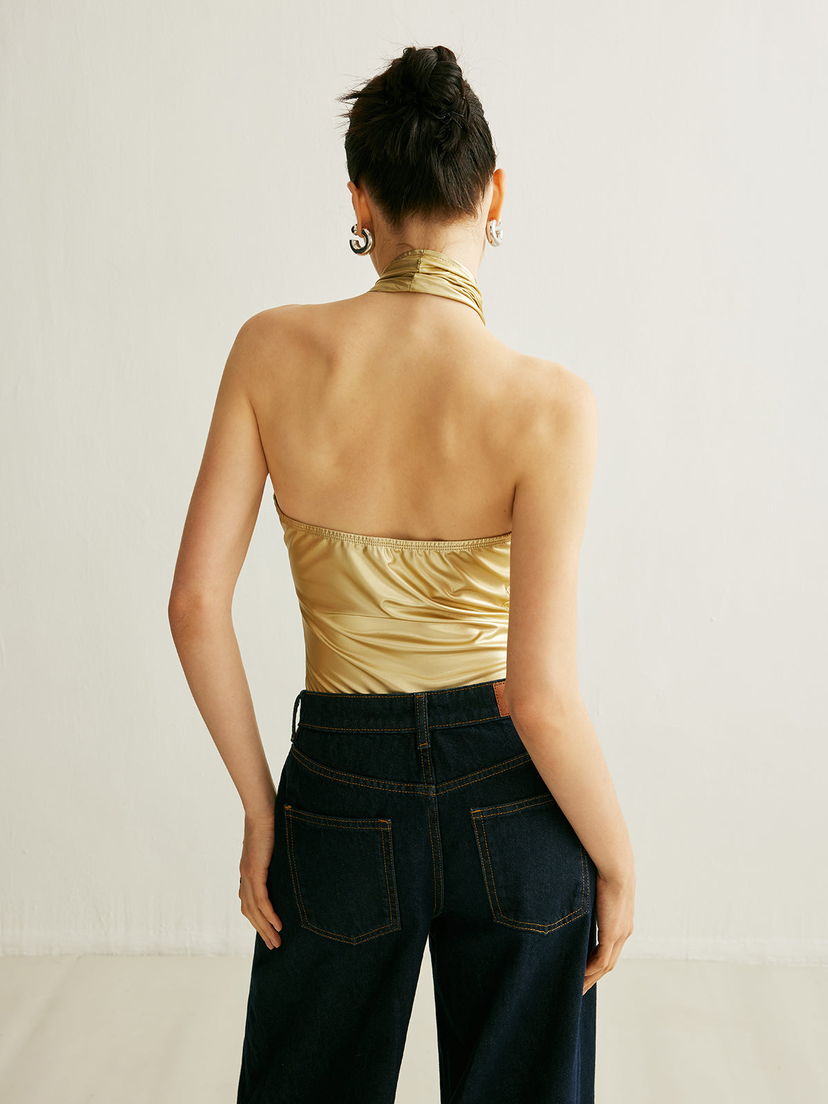 PU Cross-Back Halter Bodysuit