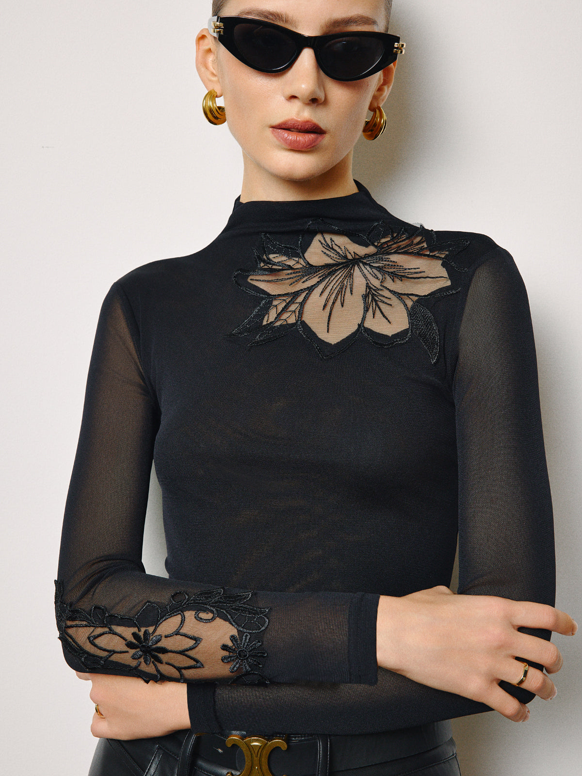 Semi-Sheer Mesh-Floral Slim Jersey Top
