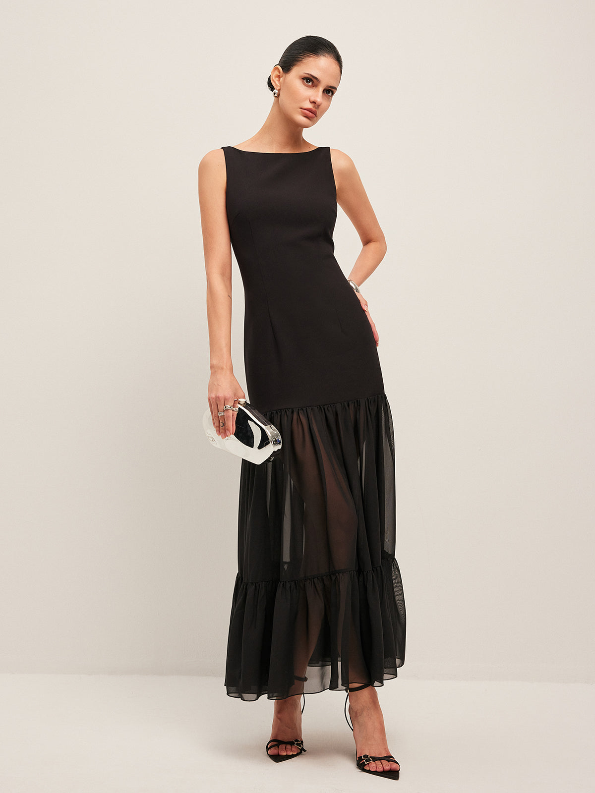 Robe à Volants avec Ourlet à Panneau Transparent et Nœud au Dos