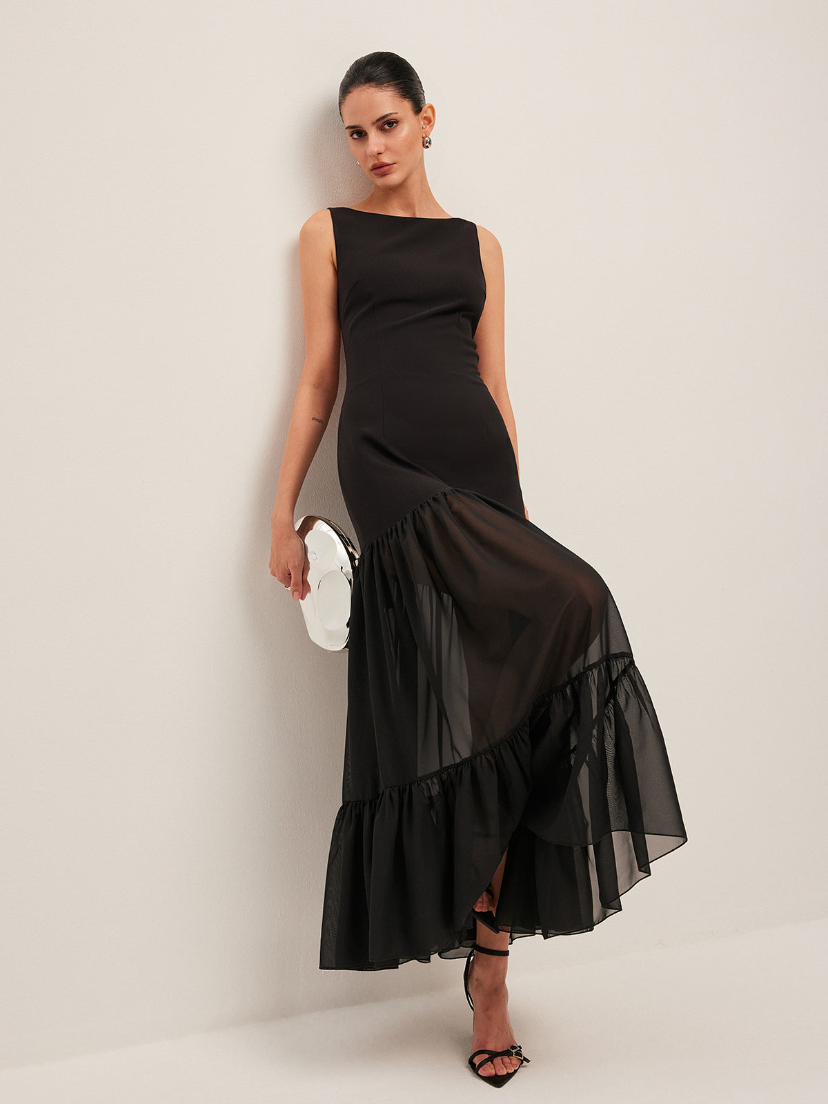 Robe à Volants avec Ourlet à Panneau Transparent et Nœud au Dos