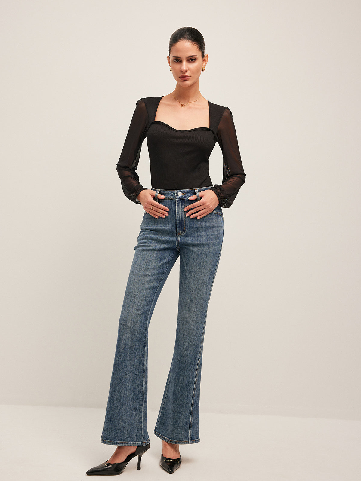 Body côtelé à manches semi-transparentes en maille