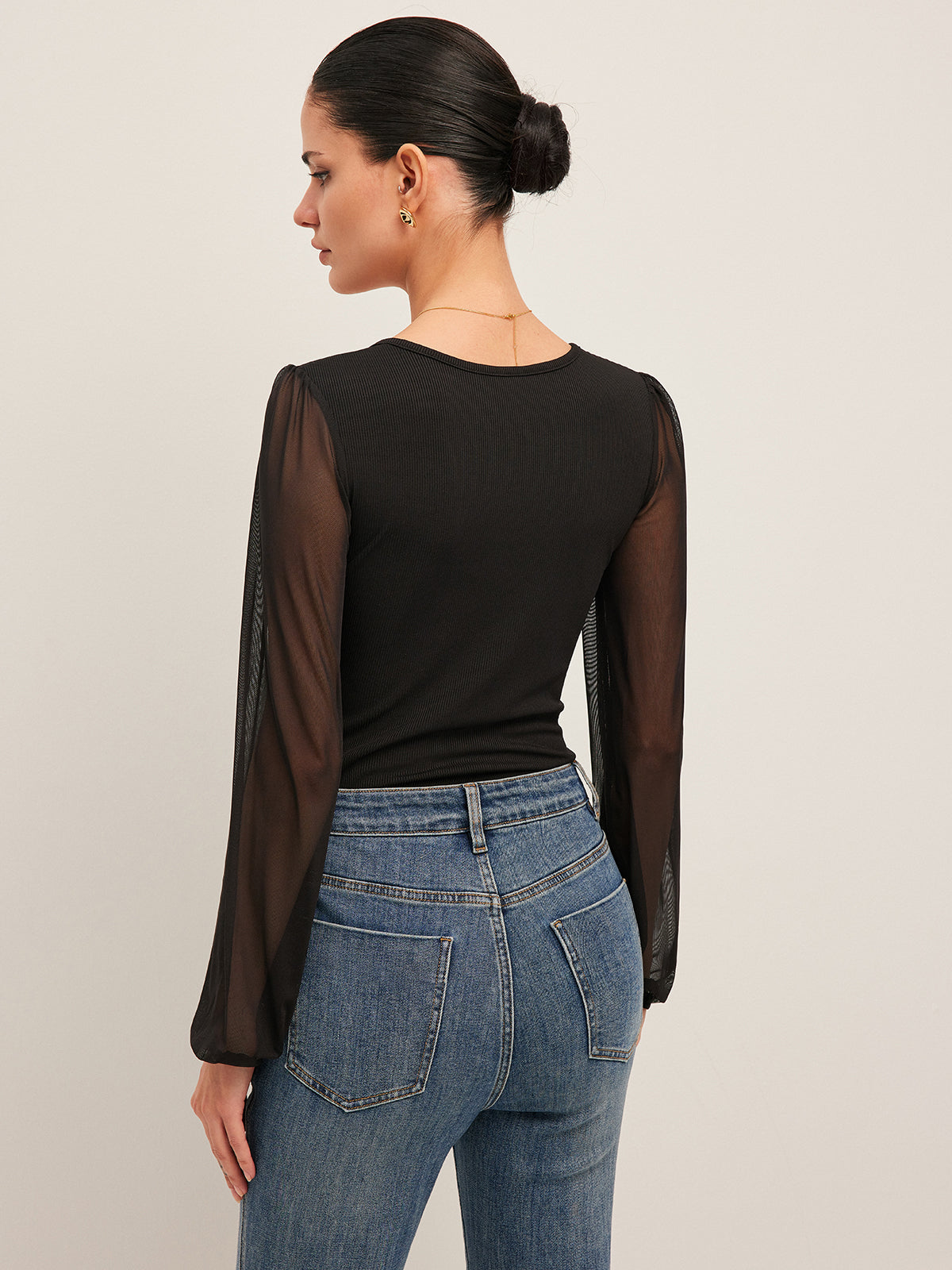 Body côtelé à manches semi-transparentes en maille