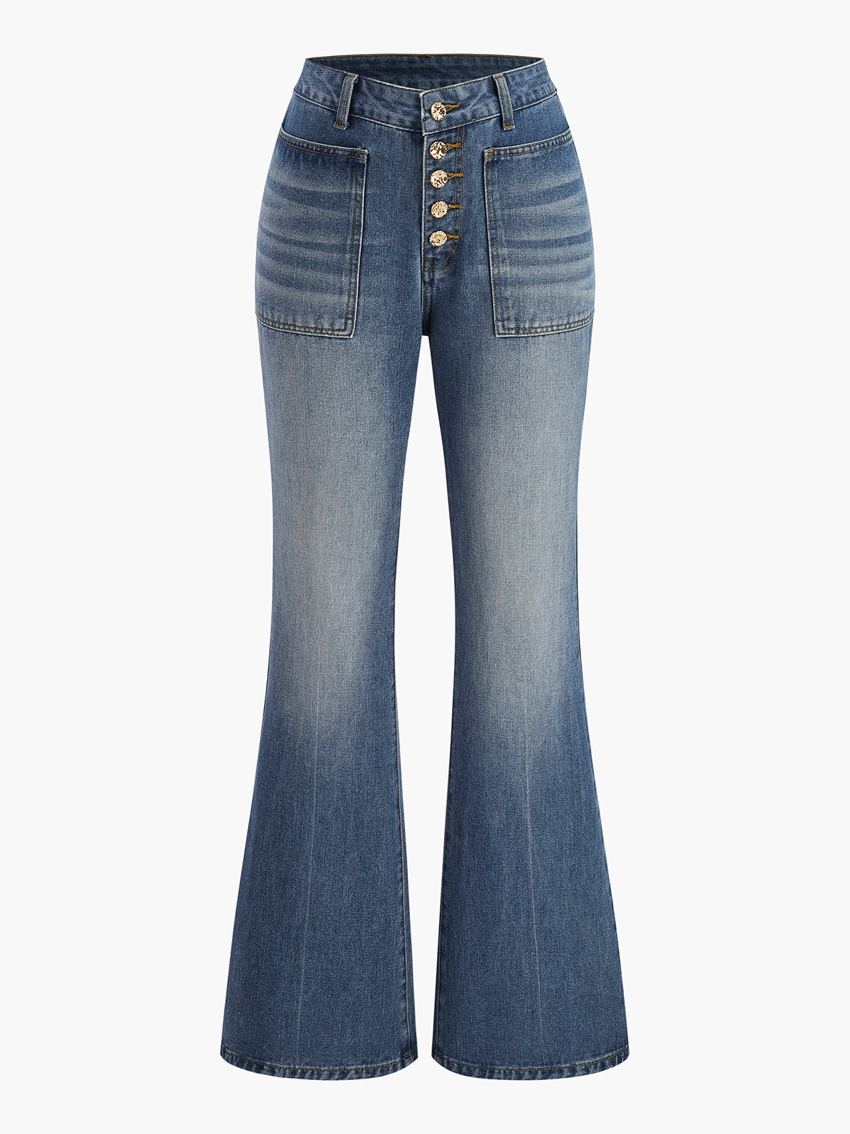 Pantalon en jean évasé taille haute à détails boutonnés