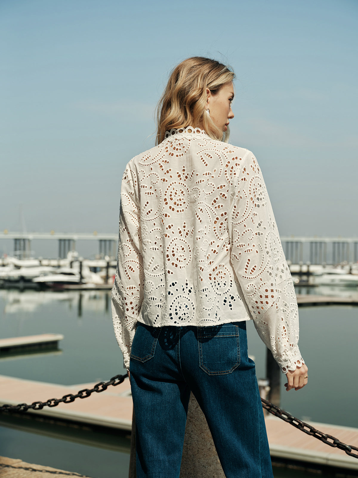 Semi-Sheer Embroidery Hollow-Out Detail Top