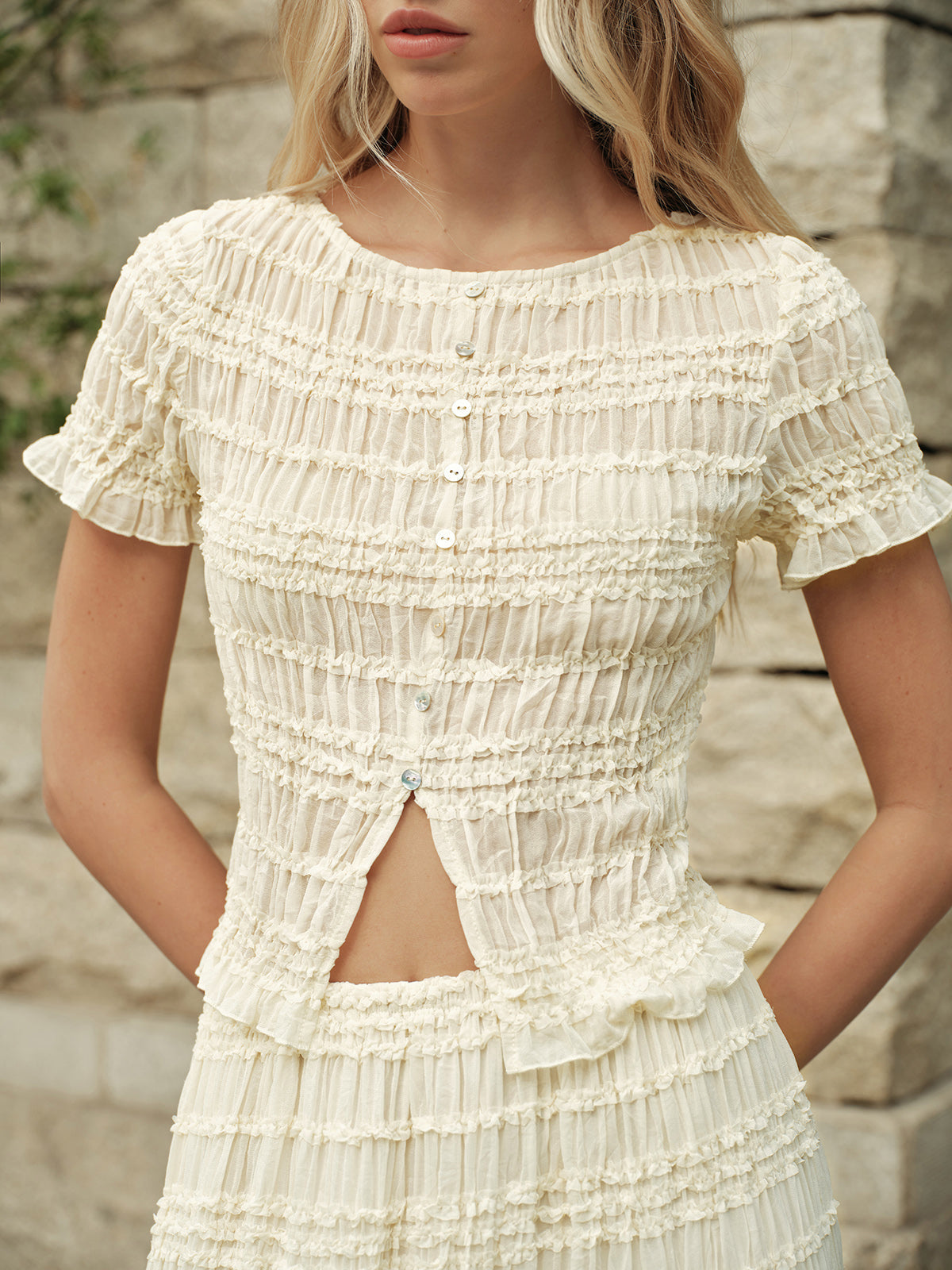 Semi-Sheer Ruffled Crop Top Skirt Set